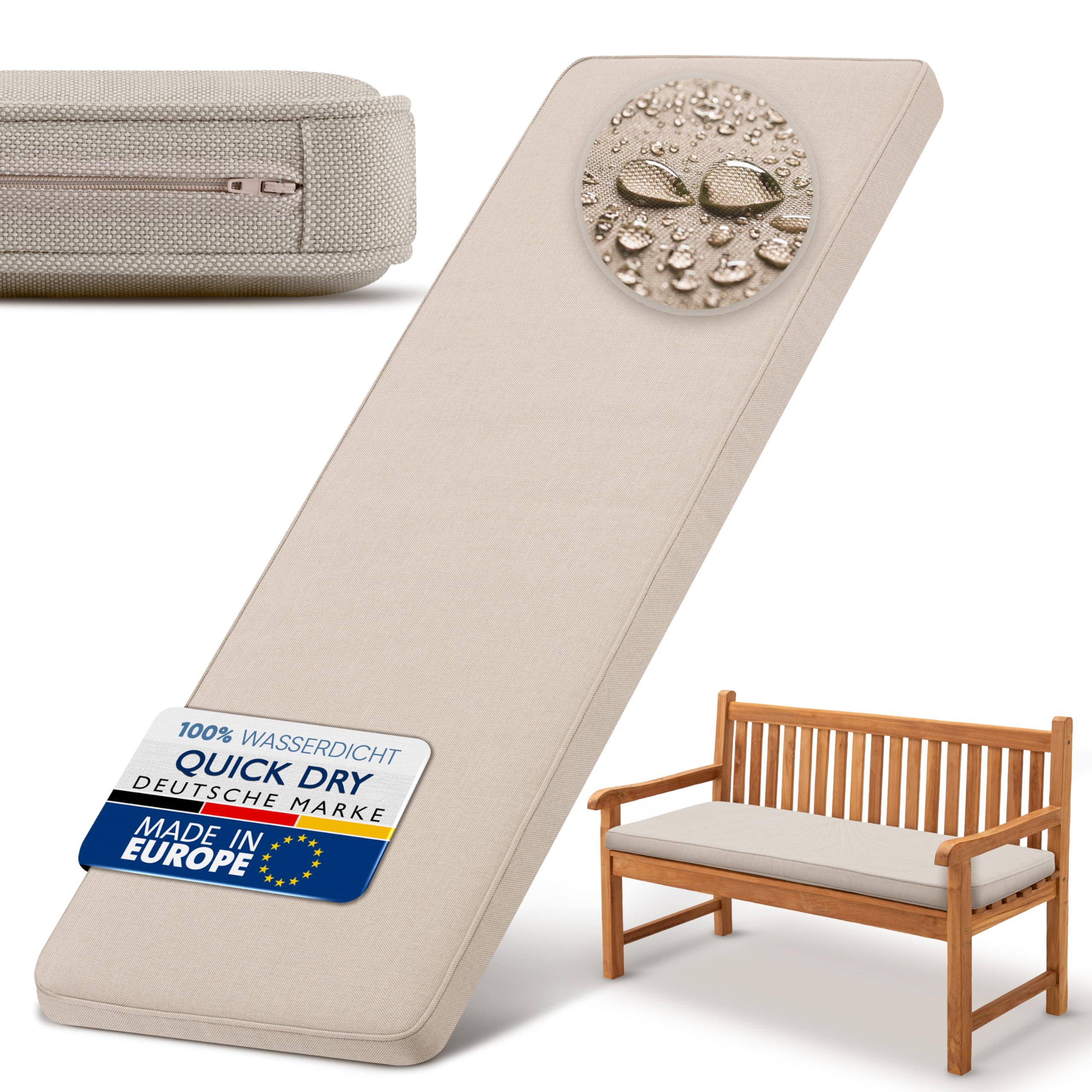 Beautissu Bankauflage Outdoor Bankkissen wasserdicht UV-beständig waschbar | 150x50cm 5cm dick Beige Gartenbank Sitzkissen pflegeleicht Bankpolster Bezug abnehmbar Gartenmöbel Sitzer QD-BK