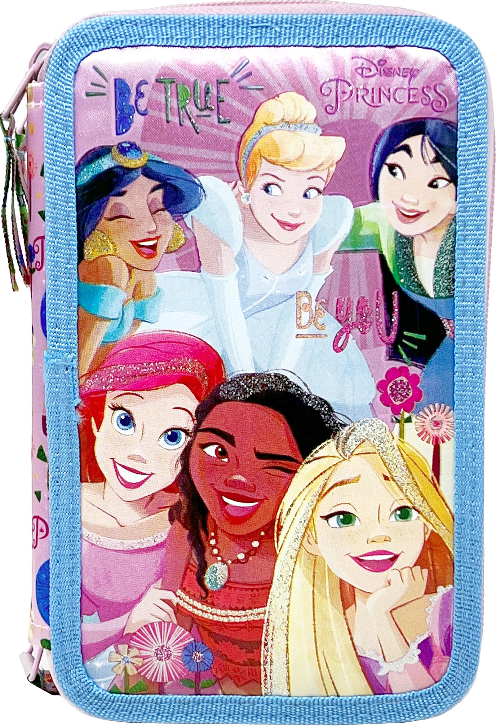 Clondo Trousse Scolaire Complète 44 Pièces pour Fan de Disney Princesses – Kit Créatif Triple Compartiment avec Ciseaux, Crayons, Feutres – Idée Cadeau Fille Rose avec Ariel, Raiponce, Cendrillon