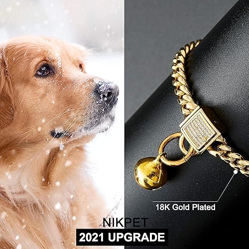 Miniatura 3 de Collar de cadena de oro con campana y circonitas cúbicas heladas, hebilla segura, cadena de eslabones cubanos de acero inoxidable de 18 quilates,