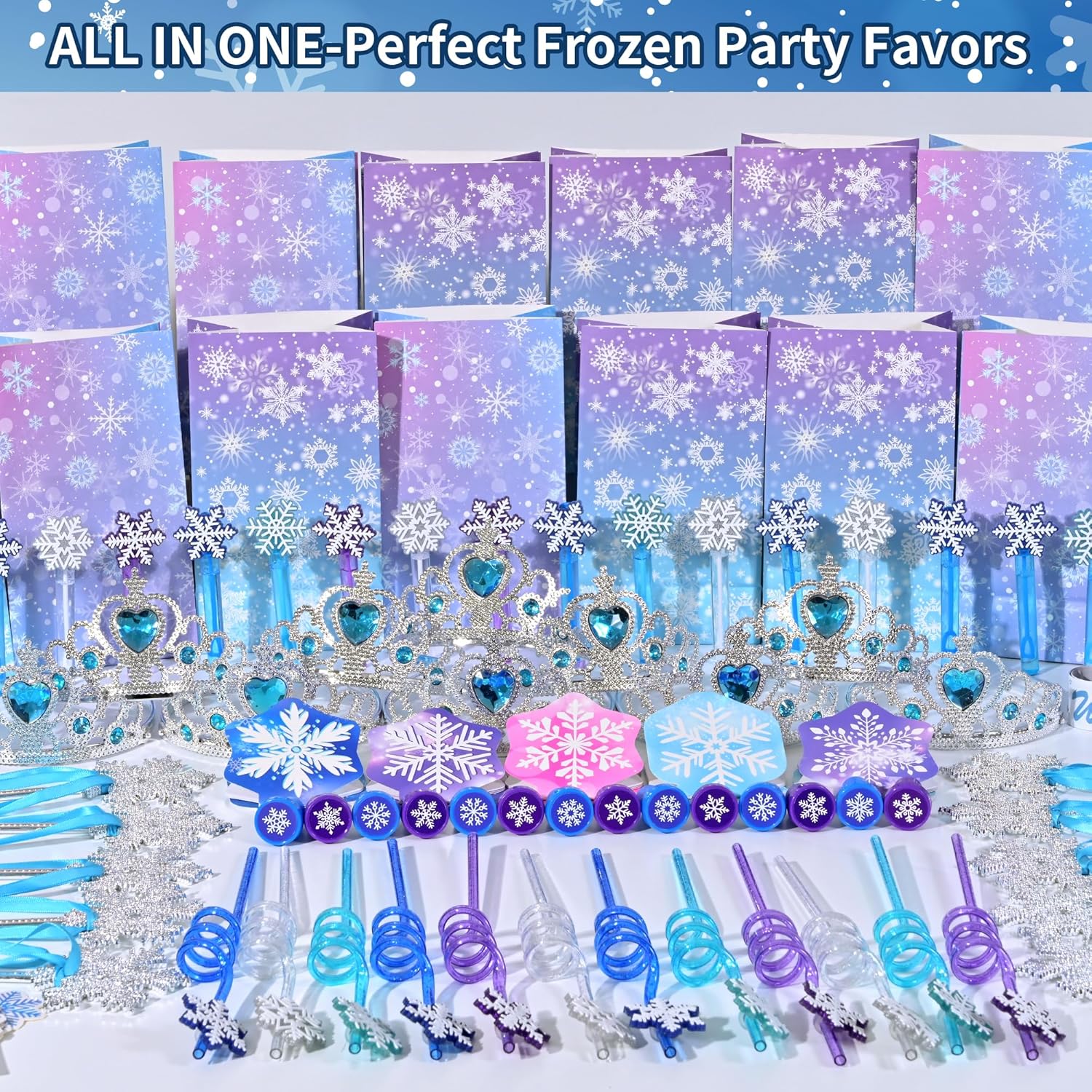 234PCS Frozen Party Favors Supplies Decorations Kit Include Goodies Bags, Straws, Bubble Wands, Crowns, Magic Wands, Notebook, Cake Toppers & More - Image 2