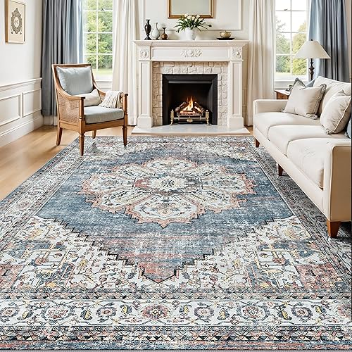 Alfombra lavable para sala de estar, alfombra grande de 8 x 10 pies, envejecida, oriental, antideslizante, no desprende pelusa, para comedor, cocina