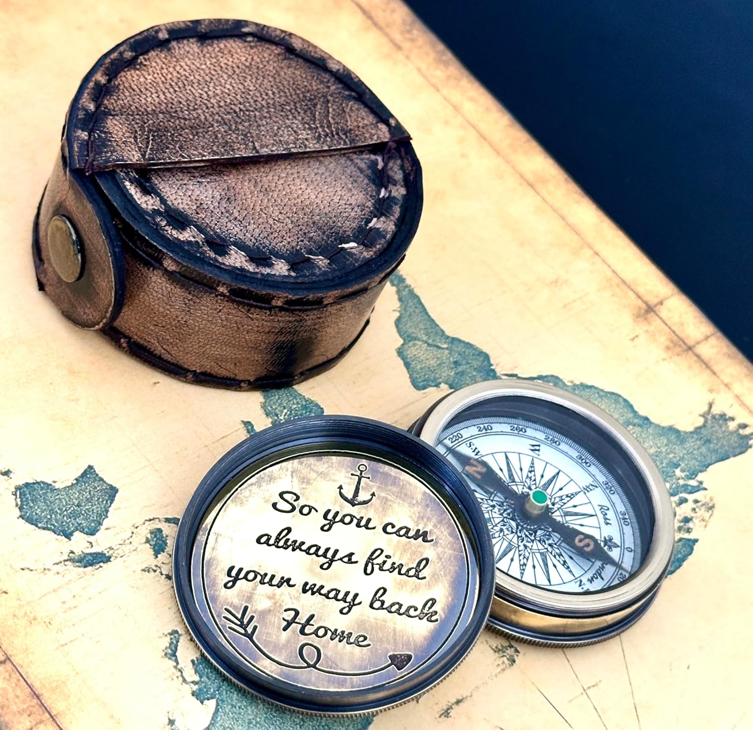 So You Can Always Find Your Way Back Home – Luxury Engraved Brass Pocket Compass with Leather Case – Inspirational Anniversary & Graduation Gift for Men
