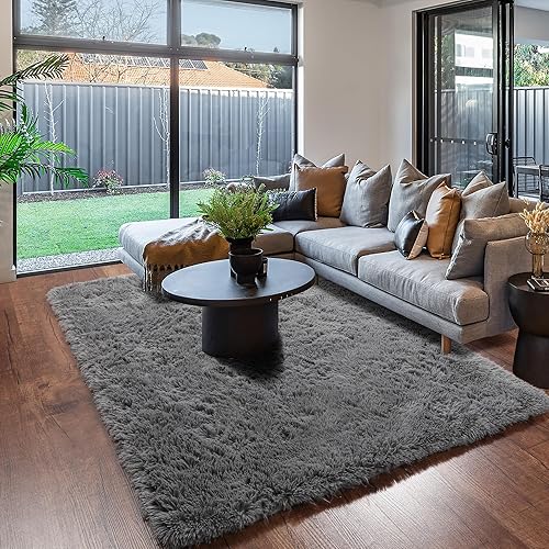 Miniatura 4 de Amdrebio Alfombra gris para dormitorio, alfombra moderna y esponjosa para sala de estar, alfombra peluda para habitación de niños, alfombra lanuda