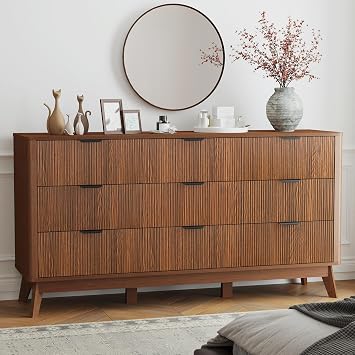 Fluted Dresser for Bedroom,59 Modern Wooden Walnut Dresser with 9 Drawers, Bedroom Dressers, Natural Wood Chest of Drawers for Living Room, Hallway Walnut