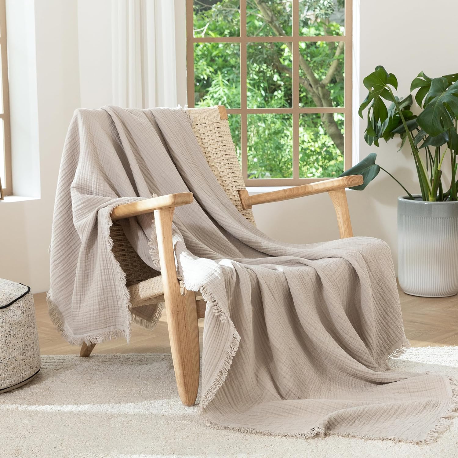 MooMee Muslin Blanket - 100% Cotton 4-Layer Gauze Throw Blanket with All-Around Fringe, Ultra-Soft Breathable Lightweight Cooling Decorative for Bed, Sofa & Couch (Cream Grey,Throw XL 50" x 70") - Image 5