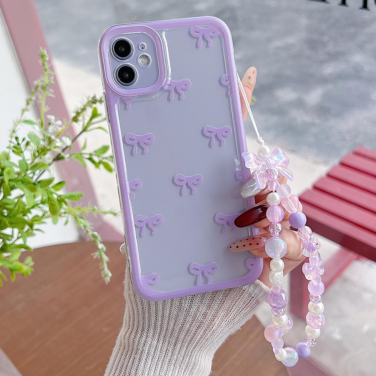 Compatible with iPhone 11 Case for Women Girls,Cute Ribbon Bowknot Pattern Soft TPU Shockproof Protective Phone Case with Pearl Chain Clear Protection Cover for iPhone 11-Purple