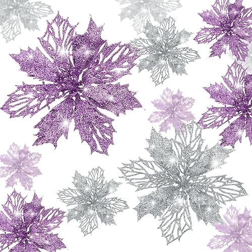 Miniatura 8 de 24 flores de Pascua artificiales con purpurina para decoración de boda, árbol de Navidad, Año Nuevo, adornos (negro)