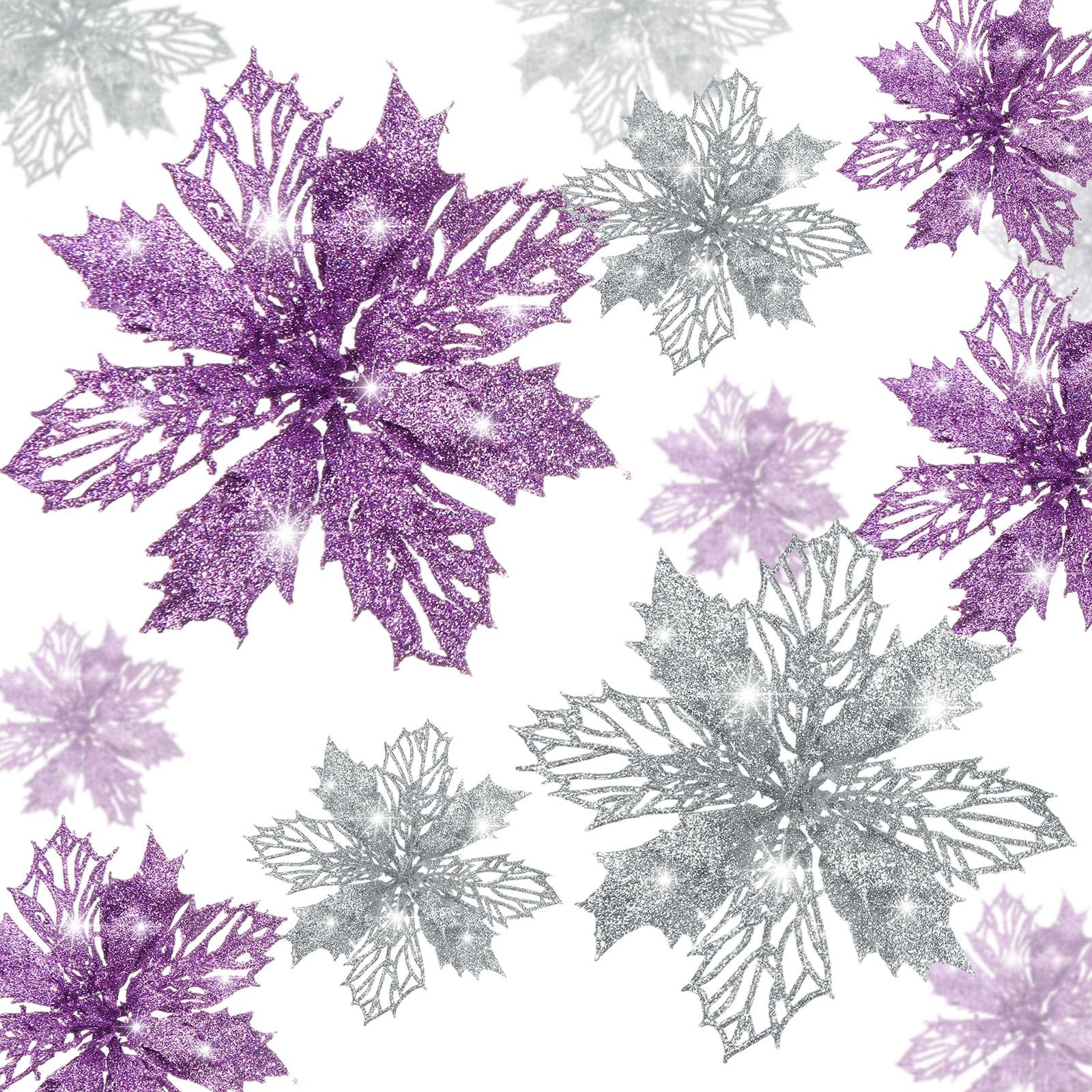 Poinsettia artificiel à paillettes violet argenté pour décoration de sapin de Noël