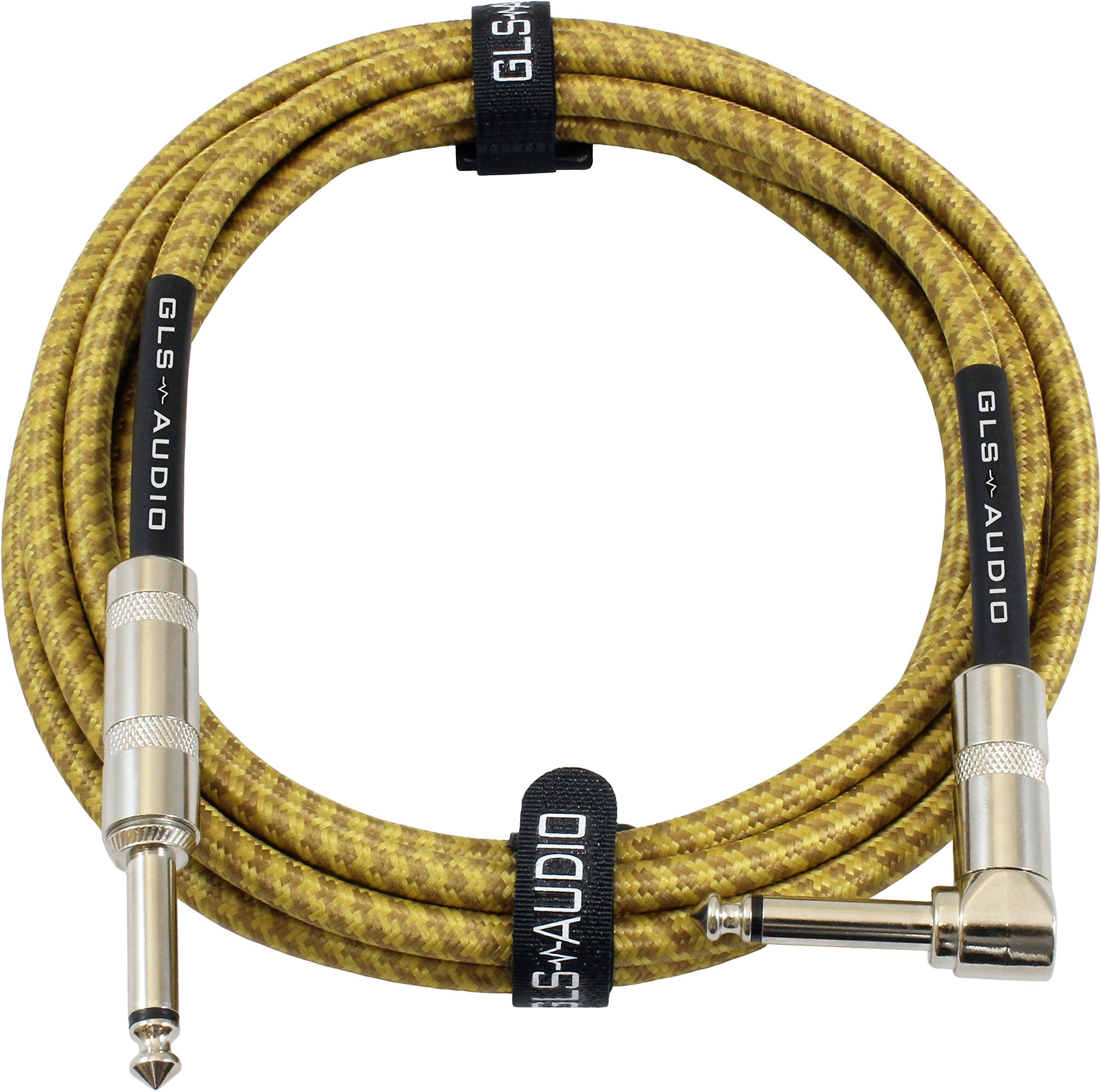 GLS Audio Instrument Cable - Amp Cord for Bass & Electric Guitar - Straight to Right Angle 1/4 Inch Instrument Cable - Brown/Yellow Braided Tweed, 10 Ft