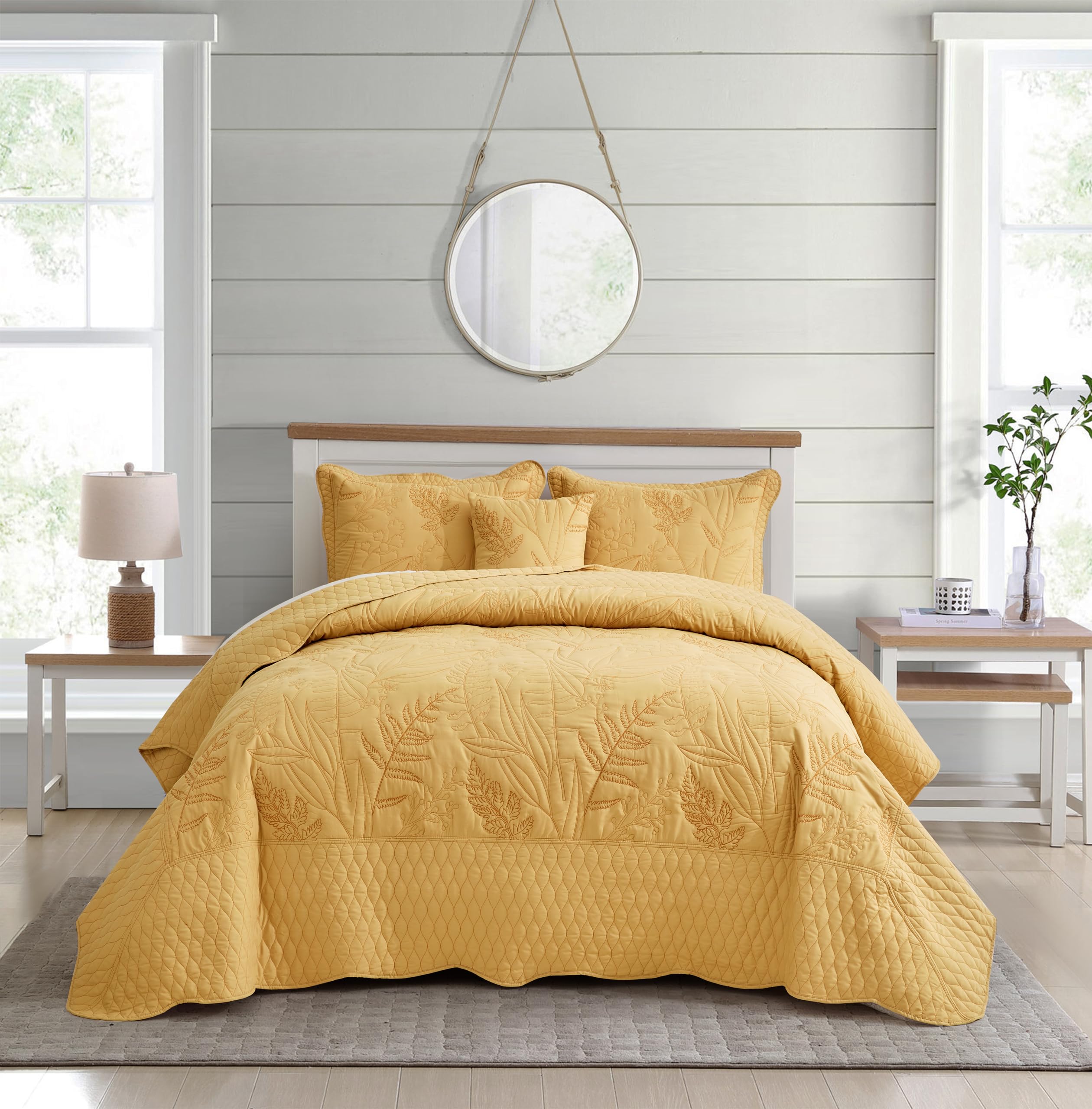 Botanical Oversized Bedspread King Size - Leaves Pattern Stitching Quilt Set - Elegant & Fresh Style Bedding Coverlets, Reversible, Lightweight, 5 Piece, Honey GoldOEKO-TEX STANDARD 100