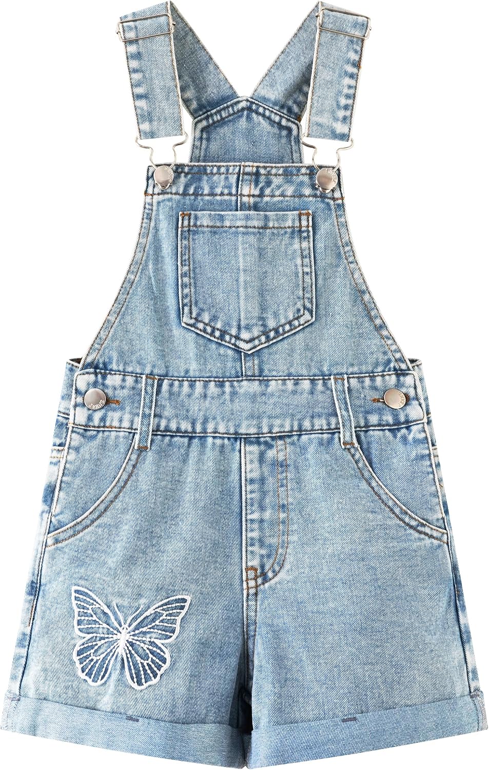 KIDSCOOL SPACE Toddler Girls Denim Overall Shorts for 2-7 Years,Butterfly Embroidered Light Wash Jean Shortalls Jumpsuit