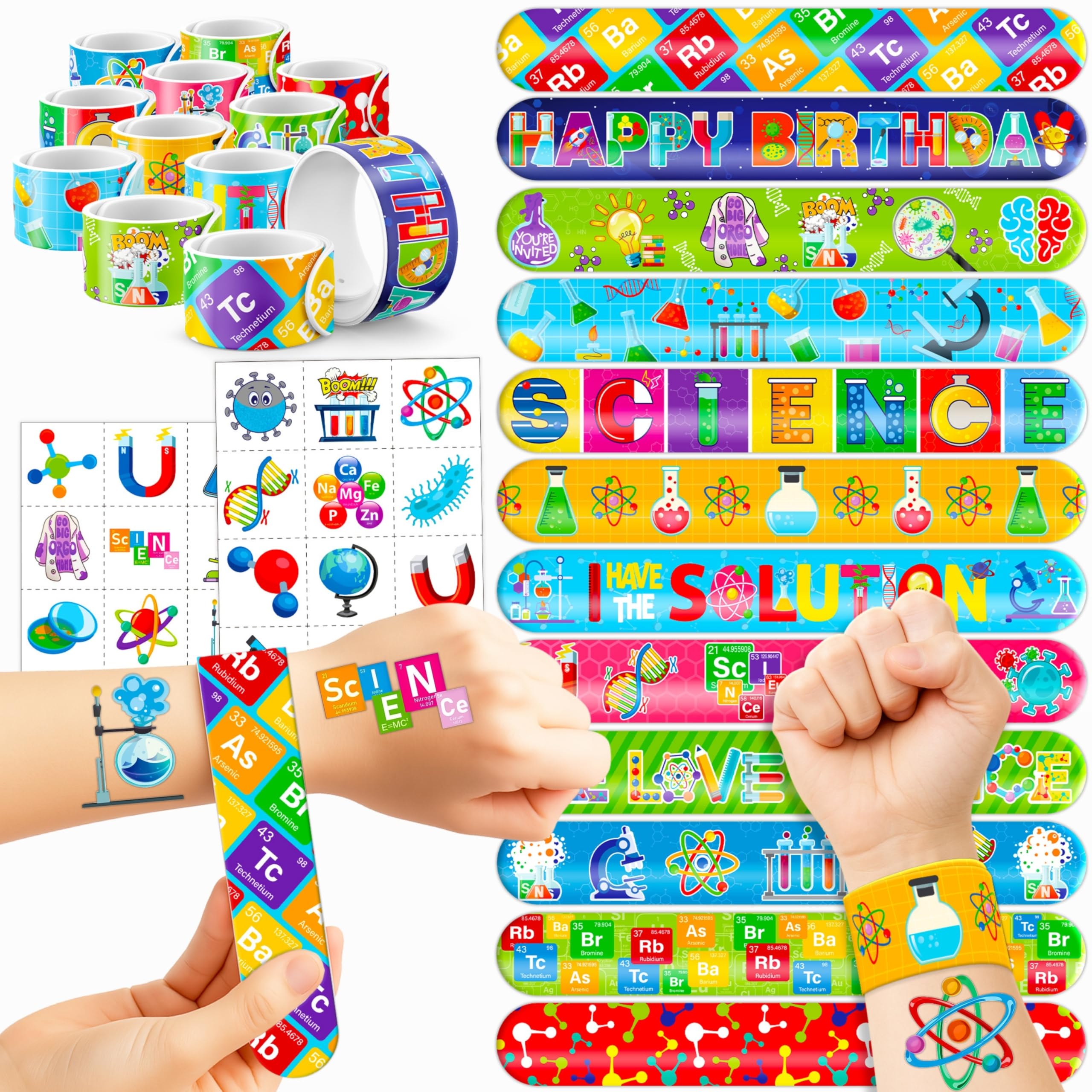 48PCS Science Party Favors - 24PCS Temporary Pre - Cut Tattoos & 24PCS Slap Bracelets - Fun STEM-Themed Birthday Supplies, Baby Shower Gifts,