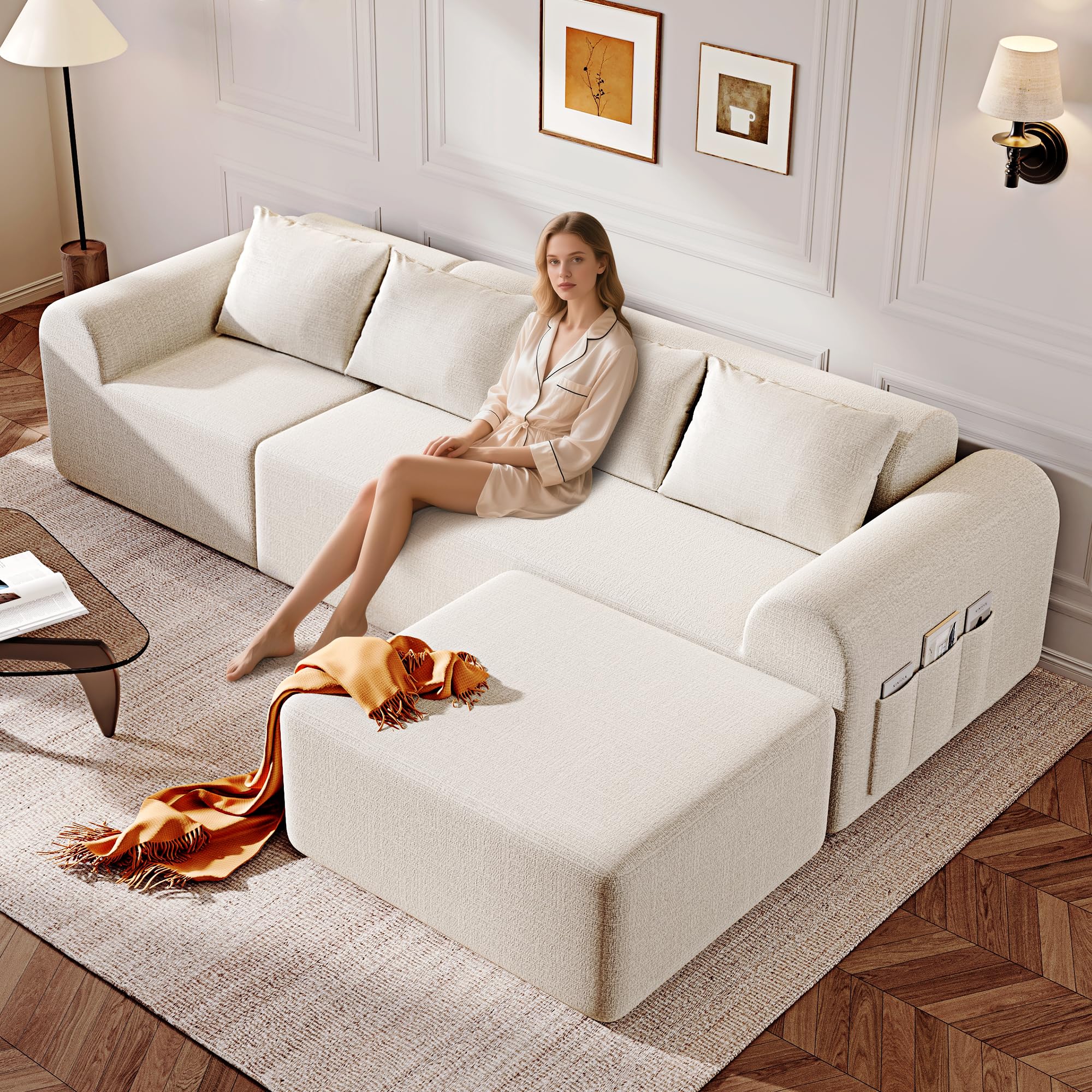 decofy 105.5” cloud boneless sectional sofa for living room, l-shaped 4-seater modular couch with ottoman & 4 pillows, deep seat chenille fabric sofa, no assembly, 72h full restore, beige (box b of b only)