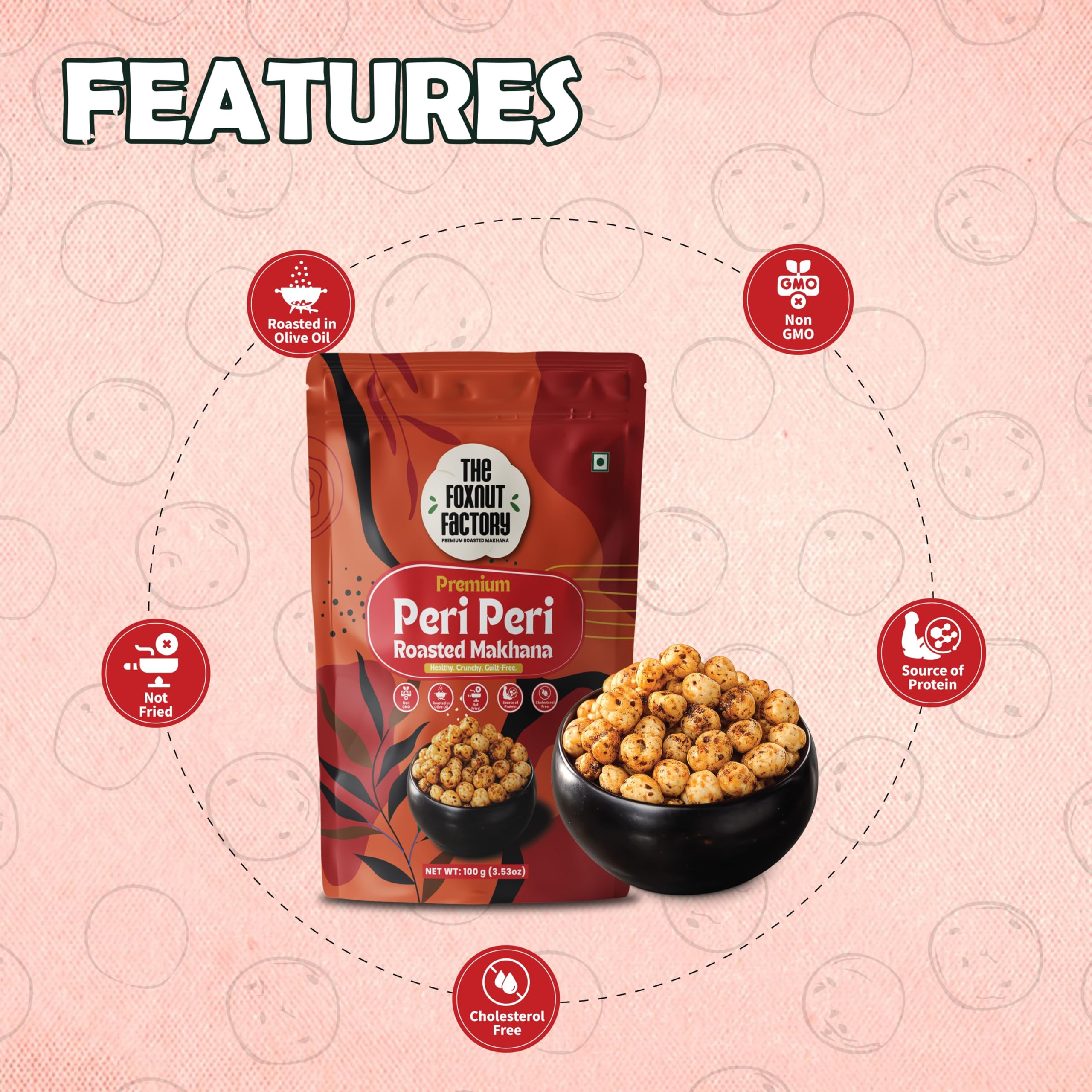 The Foxnut Factory Peri Peri Roasted Makhana (Fox Nuts) 100g | Crunchy Lotus Seeds | Healthy Ready-to-Eat Snack | Gluten Free | Not Fried 1