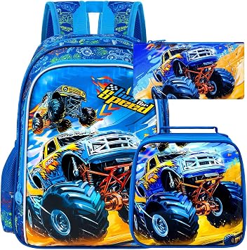 UFNDC 3PCS Boys Truck Backpack, Kids Car Bookbag with Lunch Box, Water Resistant School Bag for Elementary Preschool Toddler