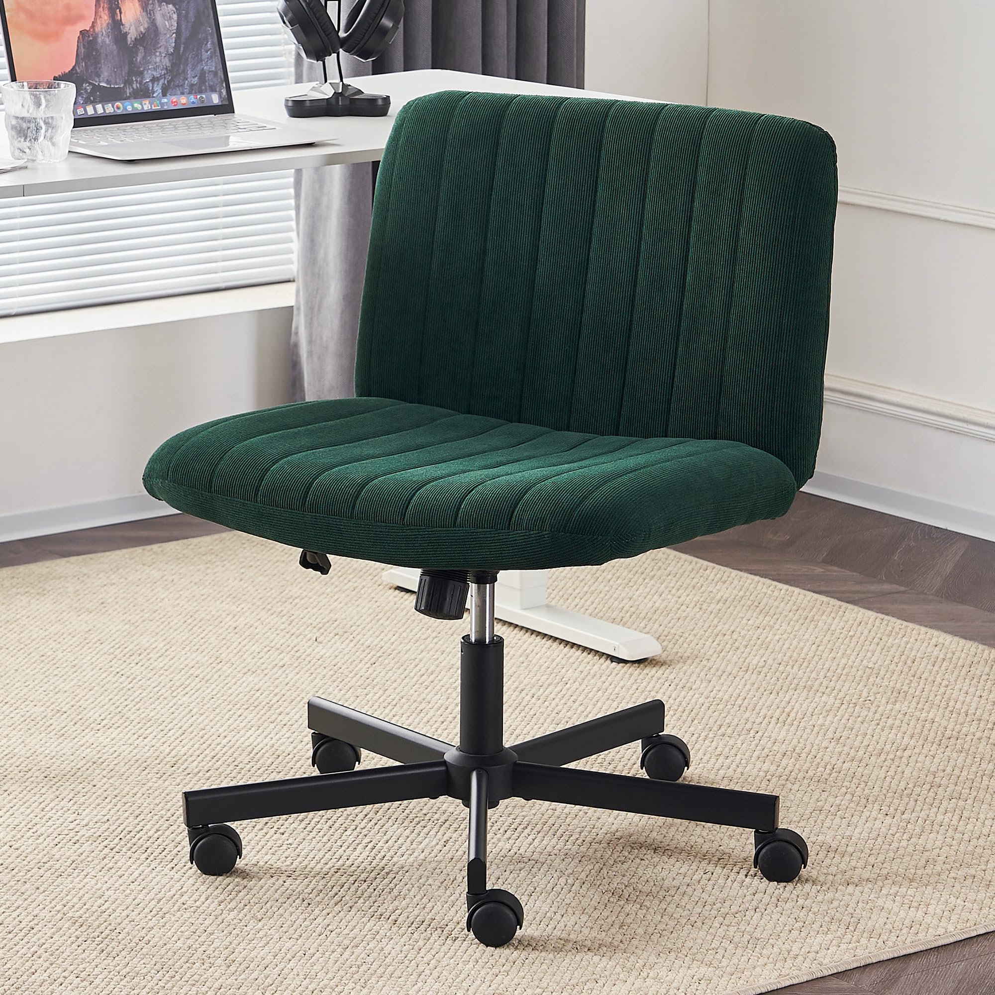 EYYTHUNG Crossleg Chair with Wheels Wide Seat Home Desk Criss Computer Chair Velvet Swivel Side Vanity Chair Green