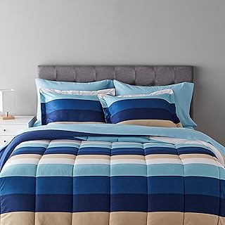 Amazon Basics 7-Piece Lightweight Microfiber Bed-in-a-Bag Comforter Bedding Set - Full/Queen, Blue Stripe