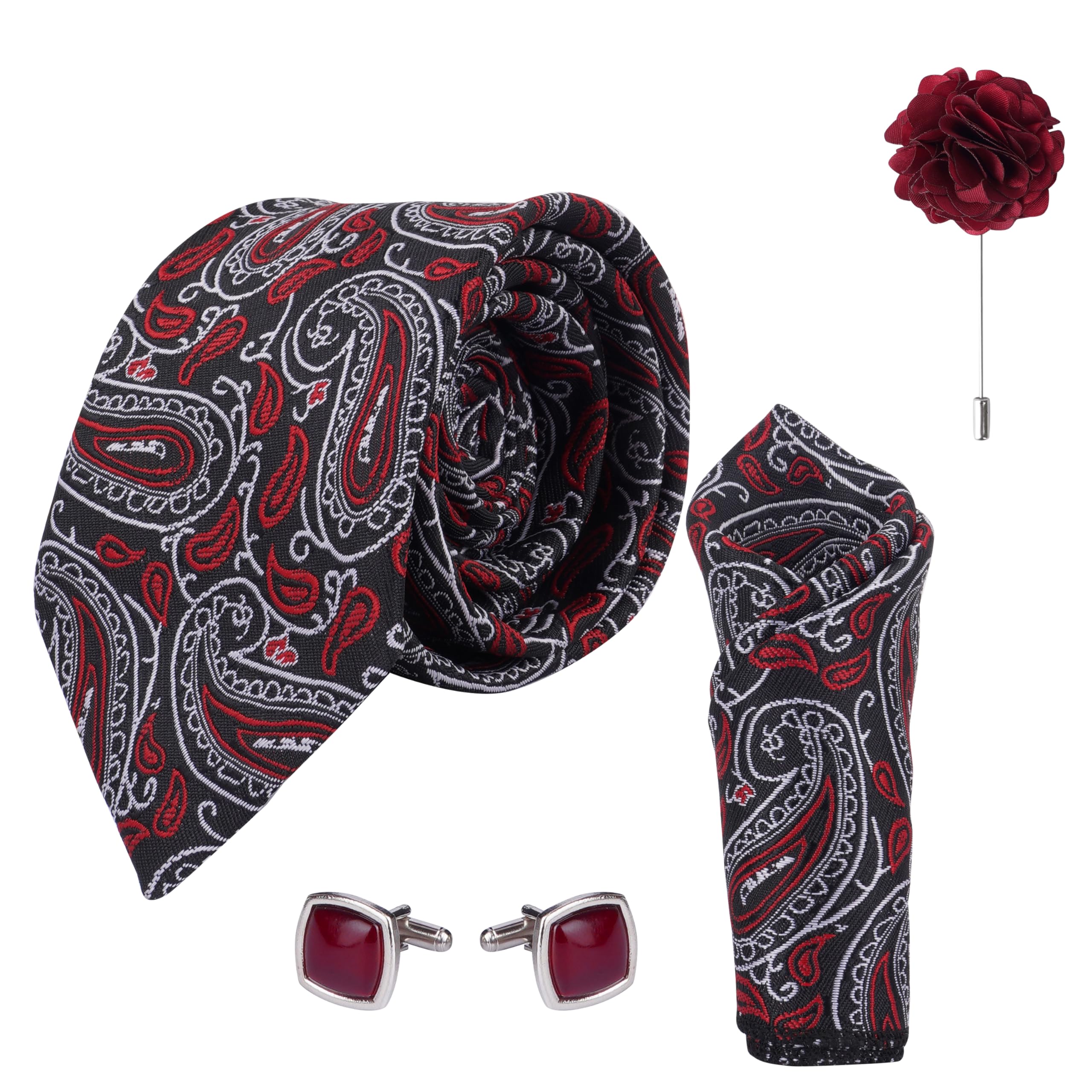 calixto Men's Microfibre Italian, Floral Printed Necktie Tie With Pocket Square,Lapel Pin,Cufflinks (Leatharite Gift Box) (Pack of 4)-picture-39