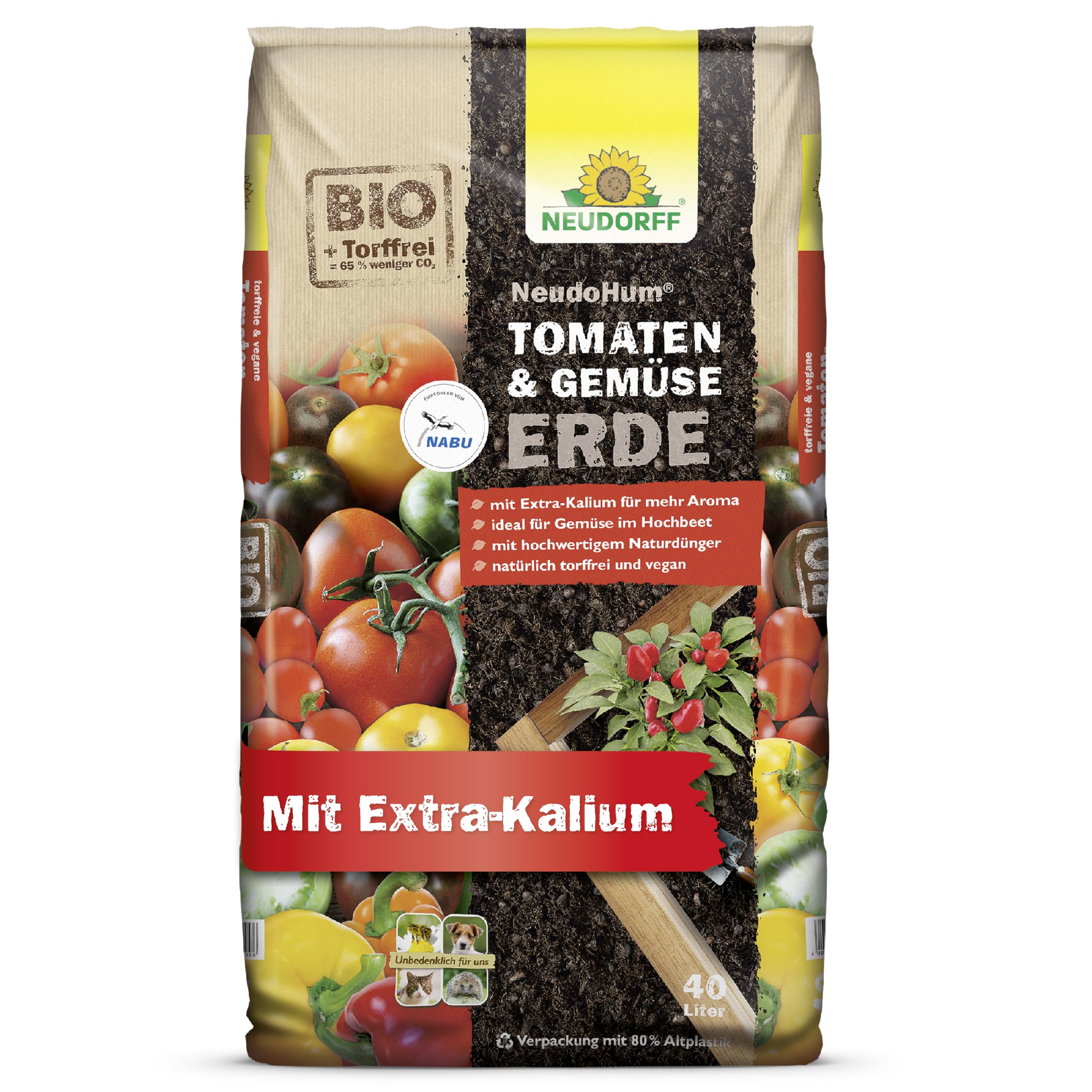Neudorff NeudoHum TomatenErde und GemüseErde 40L - Torffreie Erde für Tomaten mit Extra-Kalium auch für Zucchini, Paprika, Kürbis, Chilis und Gurken - für 4 Wochen vorgedüngt