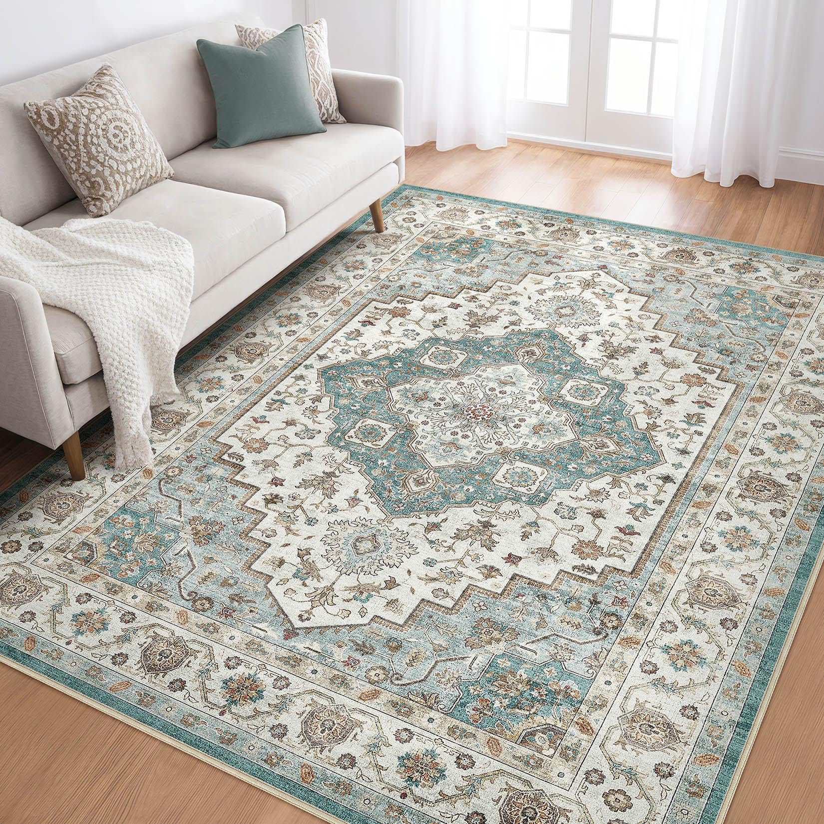 LOONGRUG 6x8 Area Rug Washable Vintage Boho Living Room Rug Teal Brown