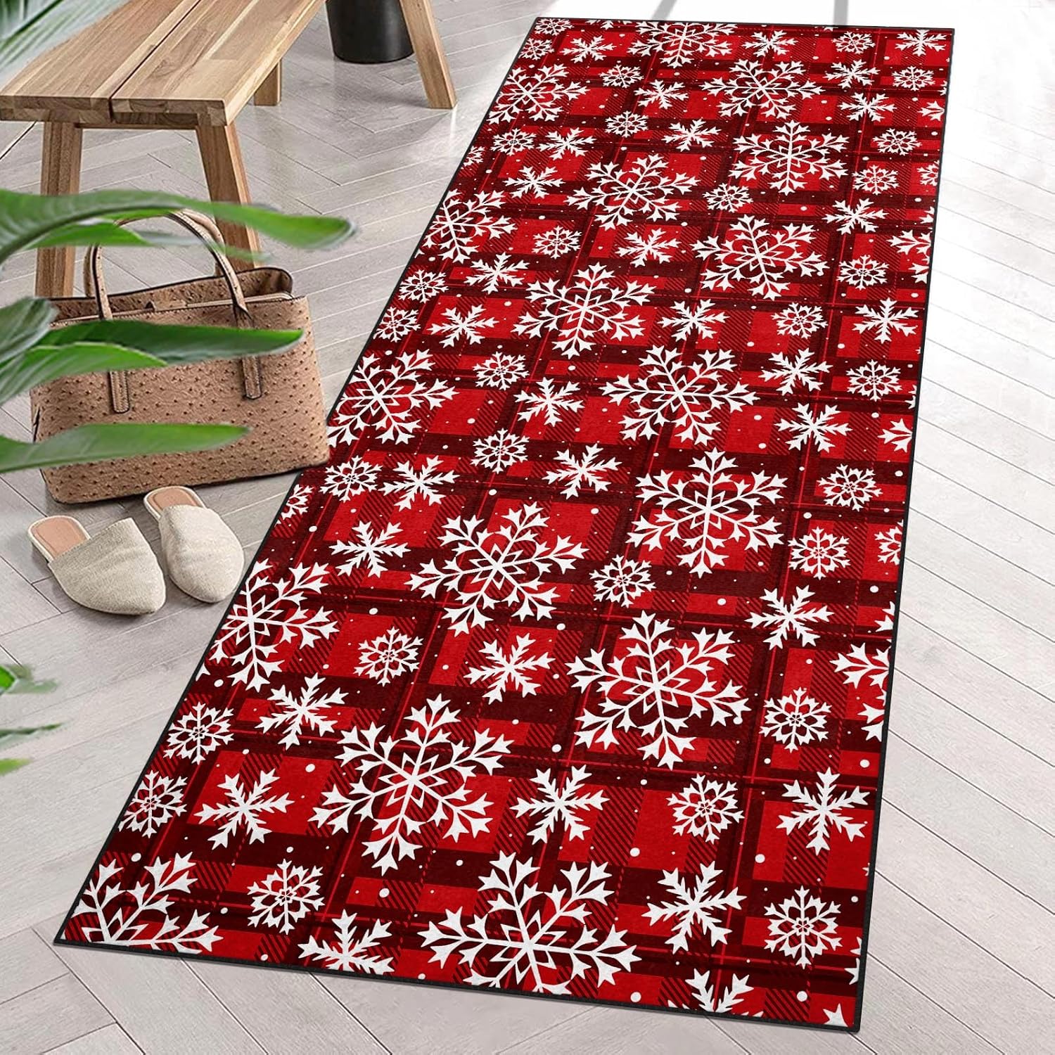 Christmas Area Rug Red Plaid Snowflake Floor Rug 2' x 6' Entry Rug NonSlip Washable