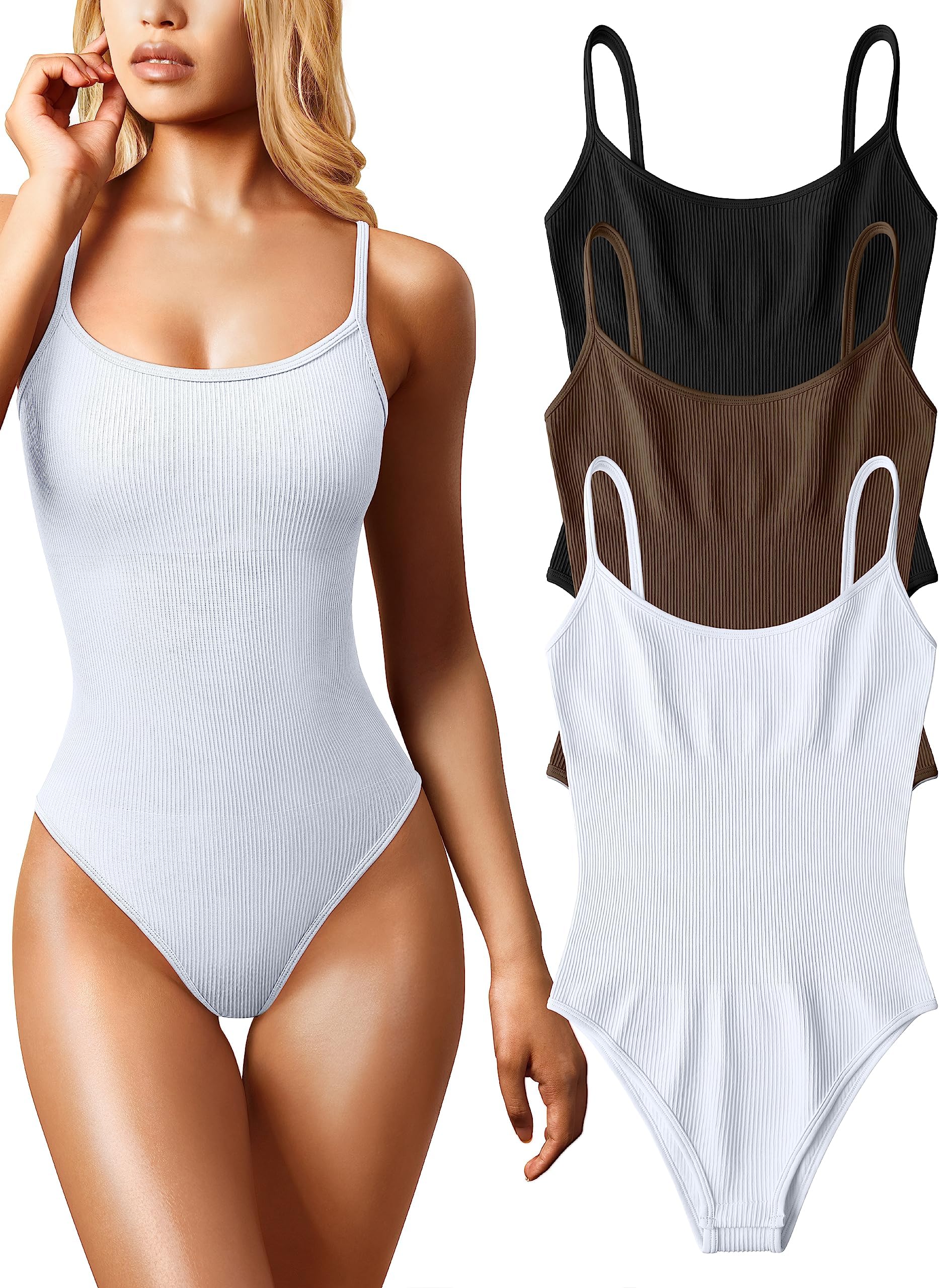 OQQWomen's 3 Piece Bodysuits Sexy Ribbed Sleeveless Adjustable Spaghetti Strips Tops Leotard 2025 Summer