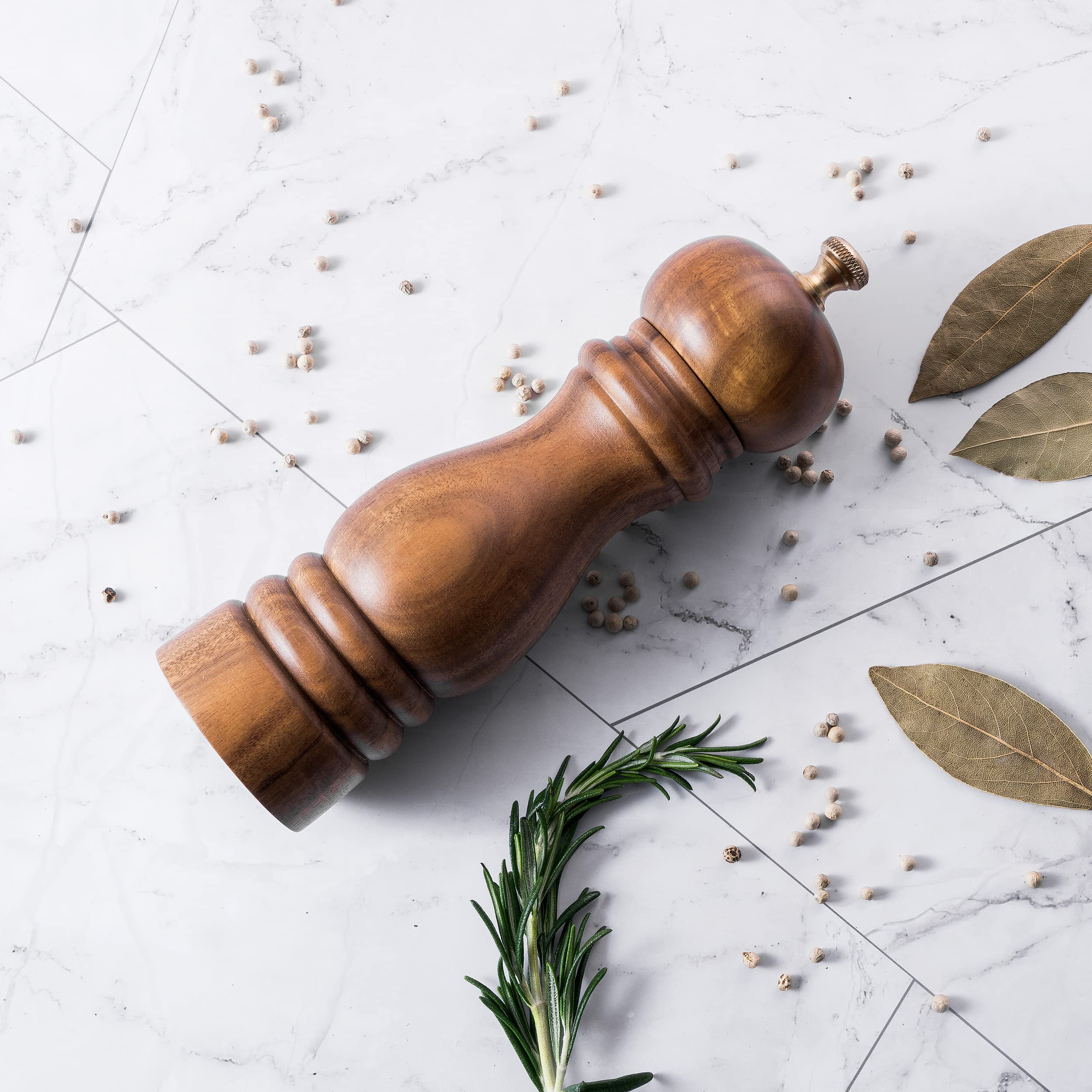 Lot de 2 moulins à poivre et sel en bois, rechargeables avec rotor de broyage réglable en céramique, 20,3 cm, fabriqués en bois d'acacia massif