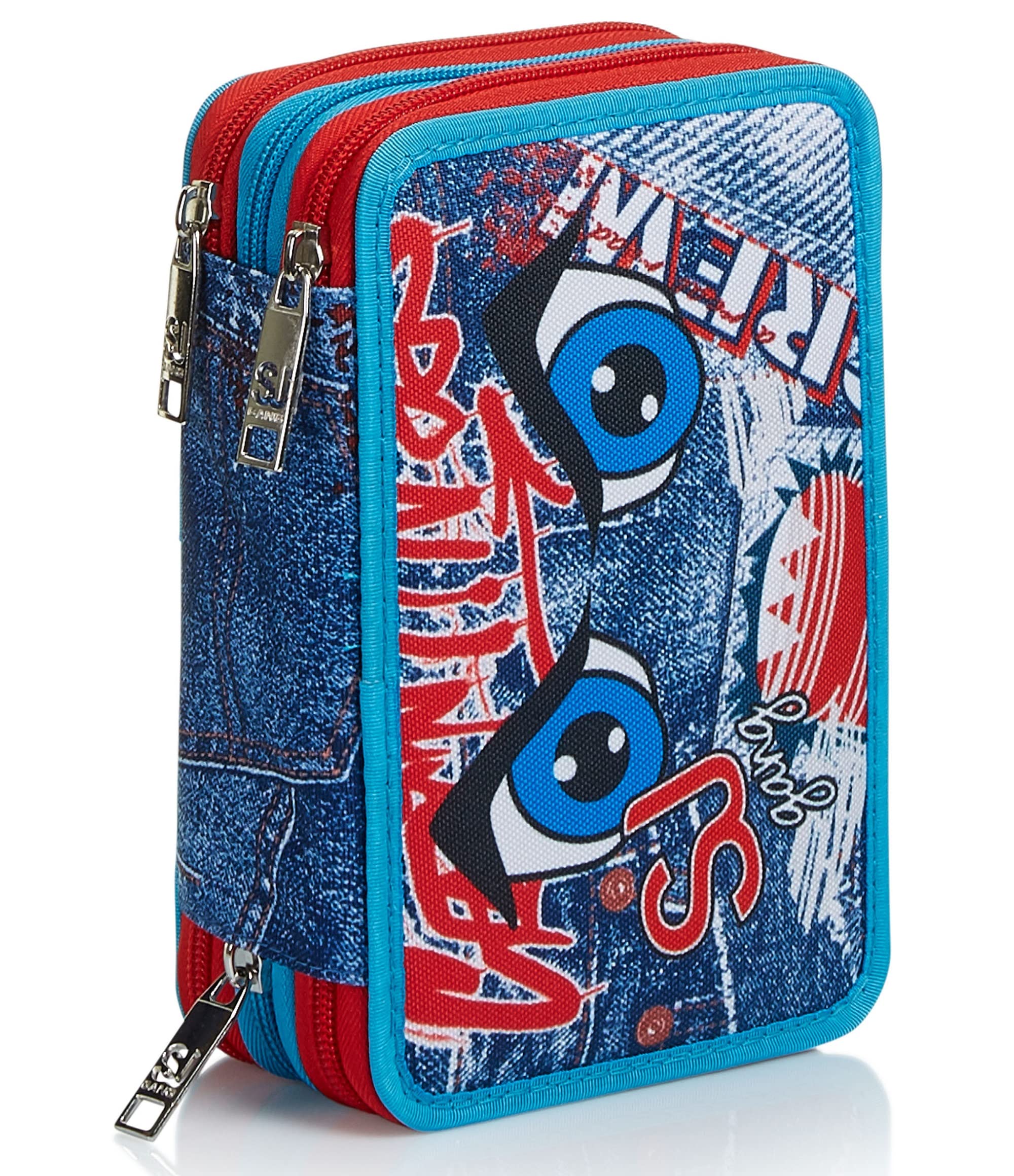 Sj Gang Astuccio 3 Zip - Facce New da Sj Boy - con Penne, Matite, Colori - Scuole Materne & Elementari