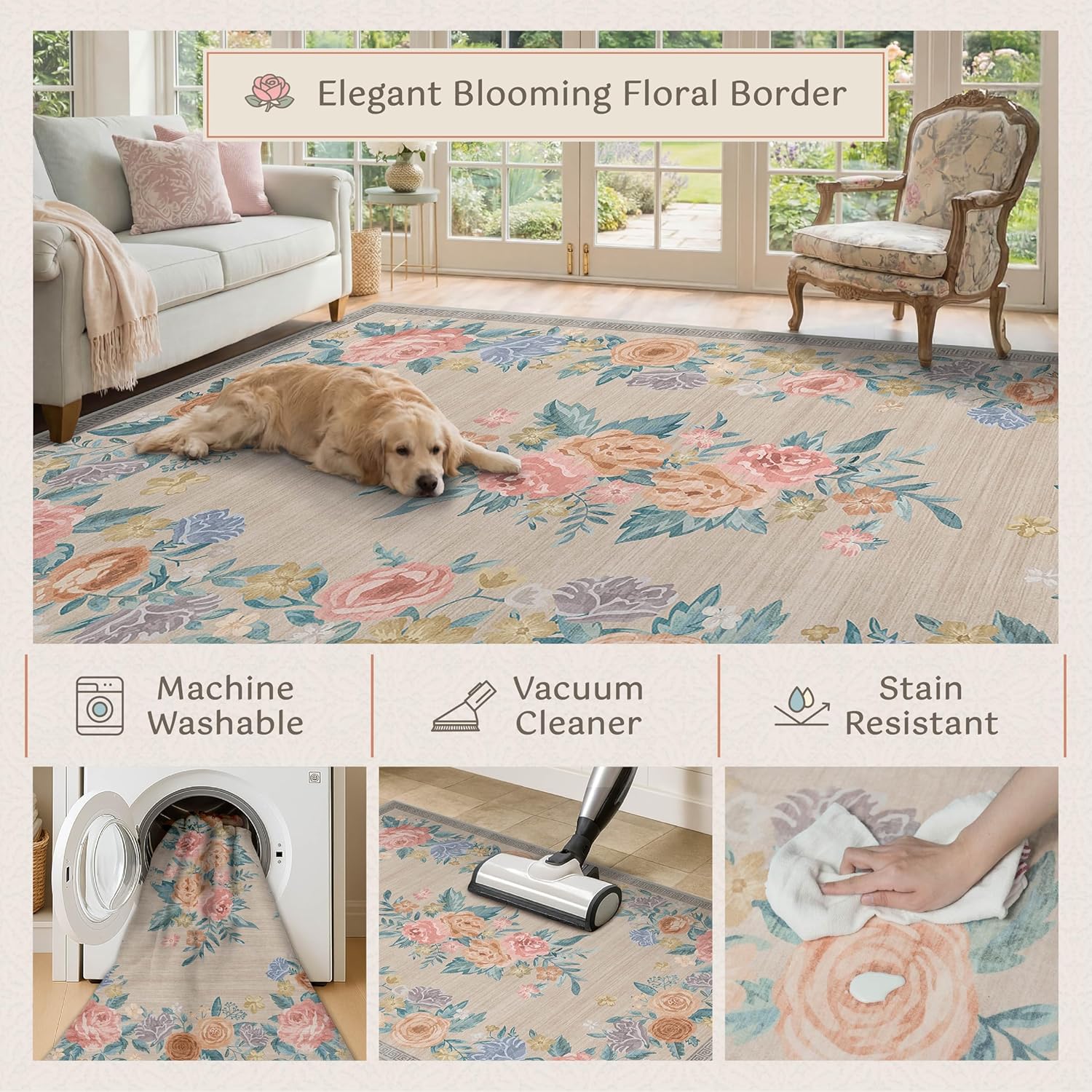 Beige Washable 2x3 Entry Rug, Floral Soft Non Skid Small Indoor Door Mat – Pastel Flower Spring Kitchen Rugs, Low Pile Rose Rug for Bathroom Bedroom, Cottage Stain Resistant Entryway Throw Carpet
