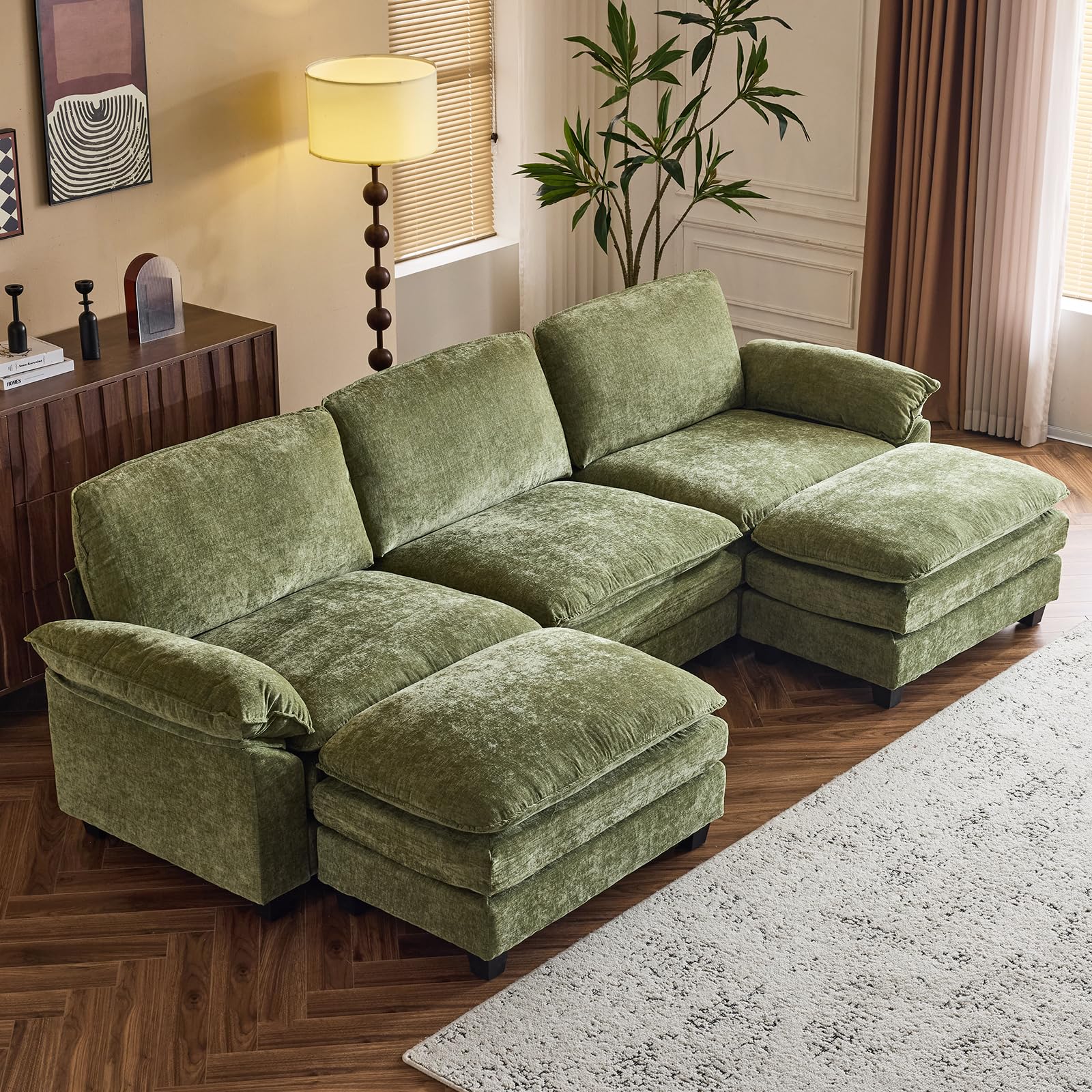 Karl home Sectional Sofa Modular Deep Seat Sofa Couch with Ottoman, Chenille Sofa Sleeper Comfy Upholstered Furniture for Living Room, Apartment, Studio, Office, (3-Seat & 2-Ottoman, Green)