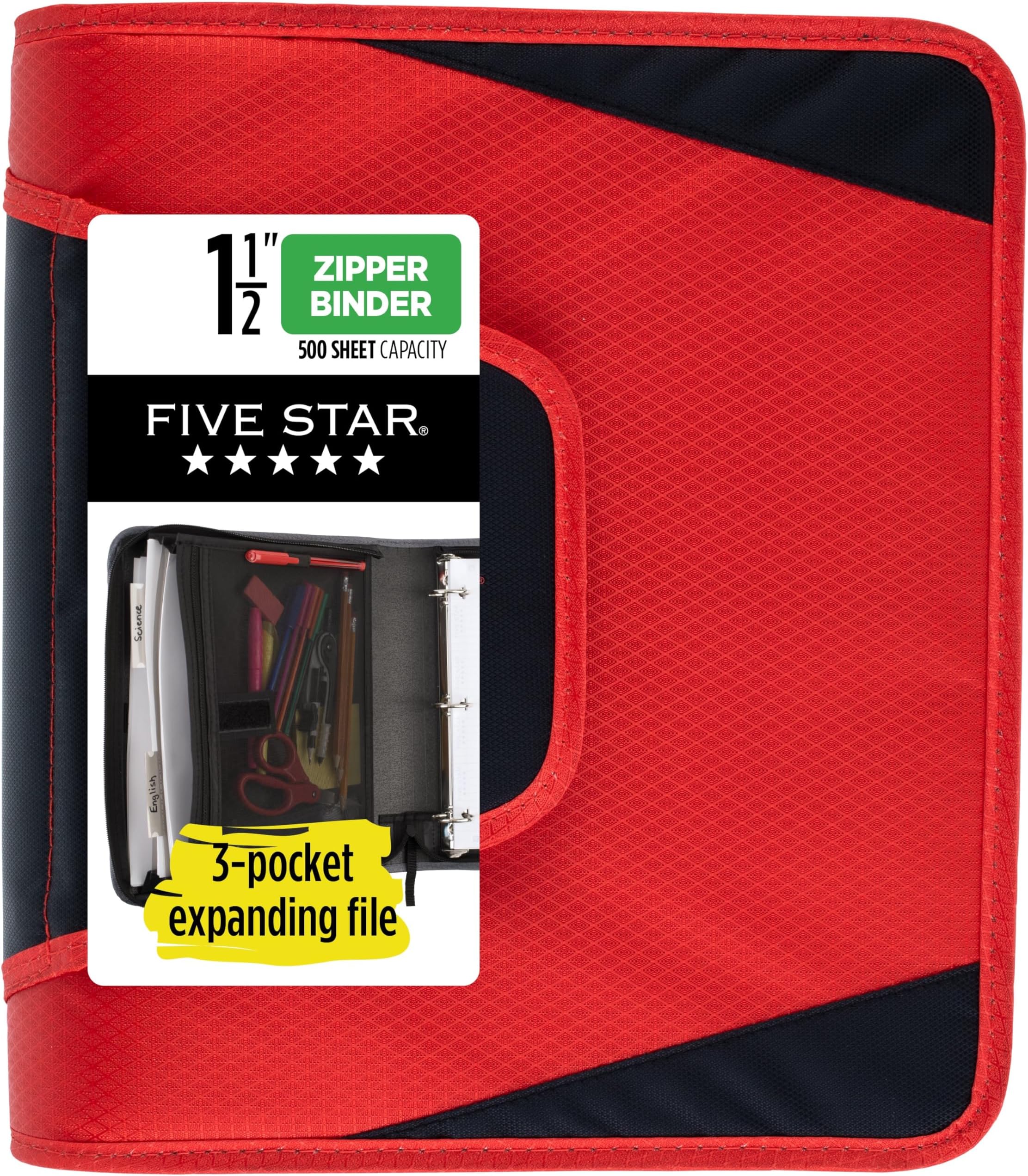 Five Star Zipper Binder, 1-1/2 Inch 3-Ring Binder with Round Rings, 3-Pocket Expanding File, 500 Sheet Capacity, Fire Red (72206)