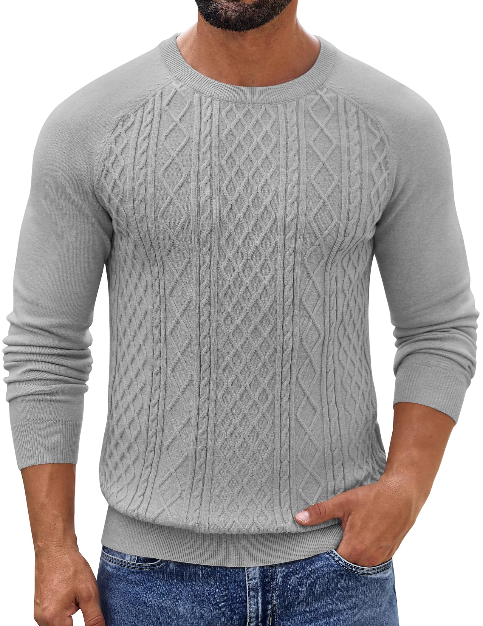 COOFANDY Herren Pullover Rundhals Langarm Strickpullover Zopfstrick Winterpullover Warm Slim fit Zopfmuster Sweater