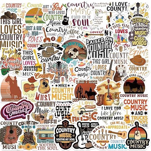 50 pcs country music stickers,music graffiti stickers,vinyl waterproof sticker for kids teens girls,phone laptop water bottles skateboard computer scrapbook luggage guitar car gifts sticker