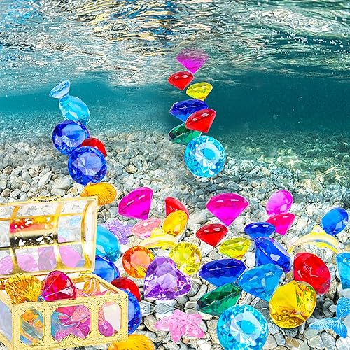 Miniatura 7 de peony man 30 piezas de juguete de piscina de gemas de buceo grandes diamantes coloridos con 2 cofres del tesoro pirata, juguete de gema subacuática