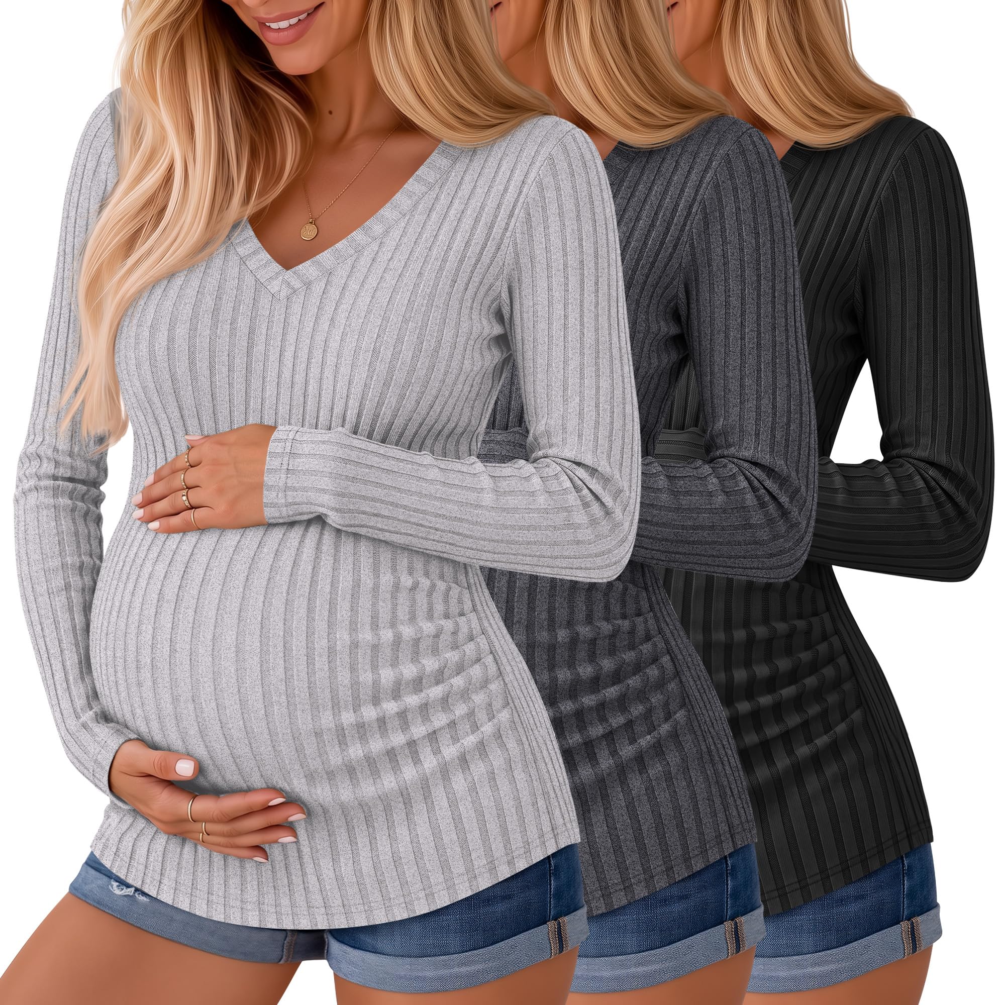 Ficerd 3 Pack Women Maternity Ribbed Long Sleeve Sweater Shirts