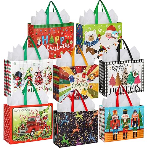 HOIIOH 8 Pack Extra Large Christmas Gift Bags with Handles, 16.5"x13"x6.3", Reusable Non-Woven Tote Bags Grocery Bags bulk for Wrapping Xmas Party Favors & Supplies with Tissue Paper & Gift Tags