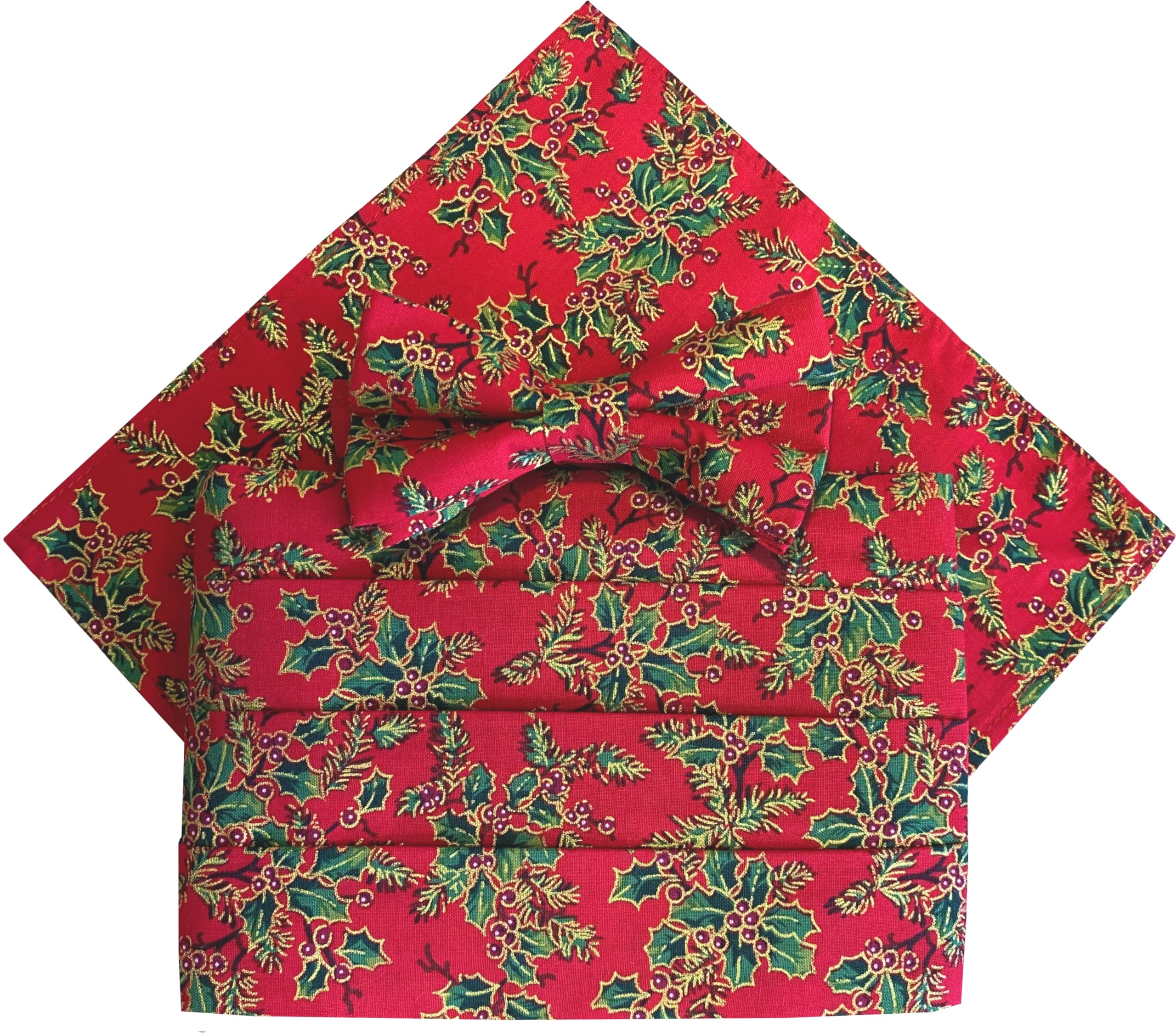 Great British Tie Club Men's Red, Green, Gold Christmas Cummerbund Sets: Includes Bow Tie & Hanky (Red Vintage Holly)