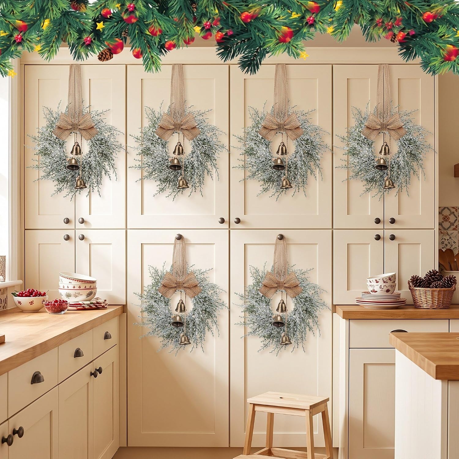 Civaner 12 Pcs 10" Mini Christmas Cabinet Wreaths with Bells and Ribbon
