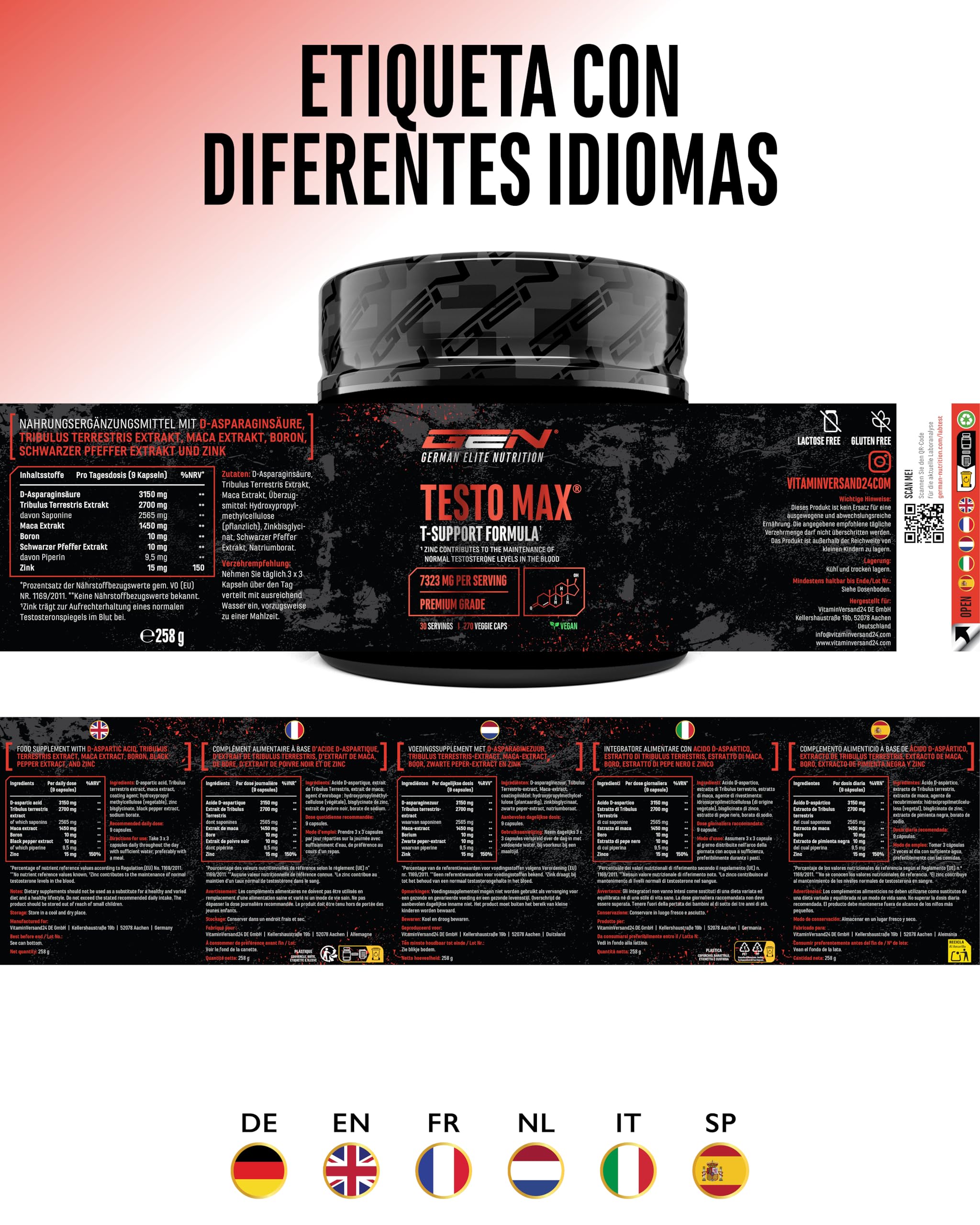 Testo MAX® - 270 Cápsulas - Extra Alta Dosificación con 7323 mg por Dosis Diaria - con Ácido D-Aspártico - Tribulus - Extracto de Maca - Boro - Zinc - Aminoácidos - Vegano