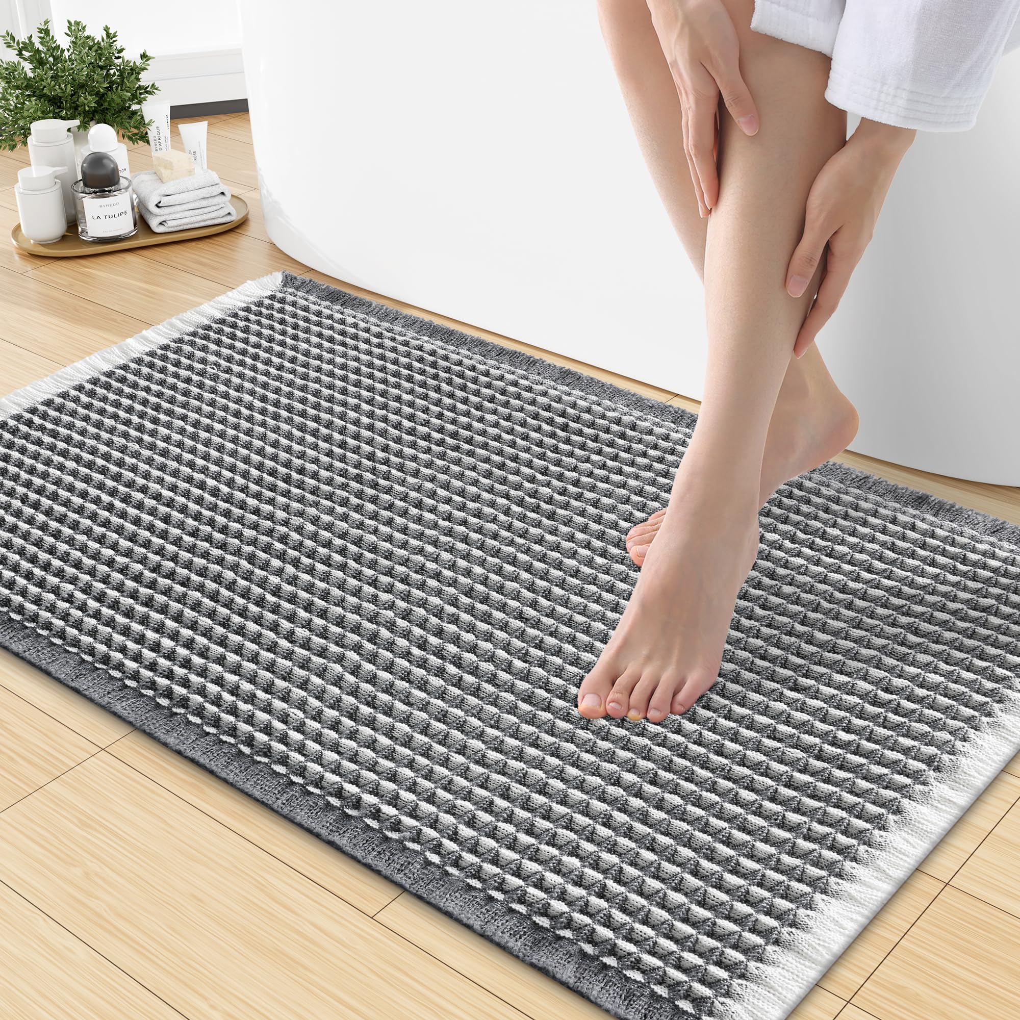 Smiry Waffle Bath Mat 30X18, Soft Absorbent Bathroom Rug, Darkgrey &amp; Cream