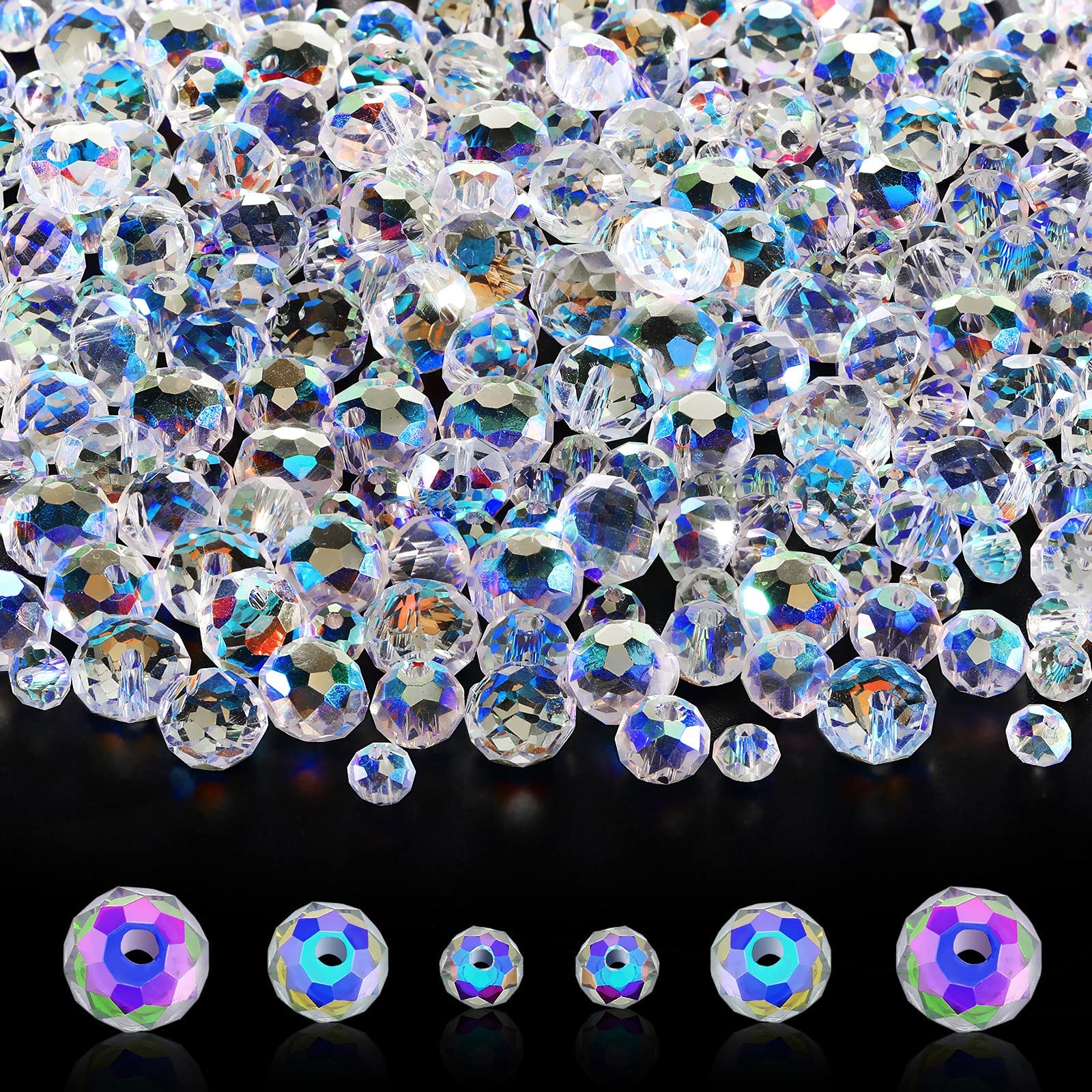 MAKINGTEC 600 Pieces Crystal Rondelle Faceted Beads, Bicone Crystal Jewelry Stone Glass Beads Loose Beads Briolette Beads for DIY Jewelry Crafts 8mm, 6mm, 4mm (AB Colors)