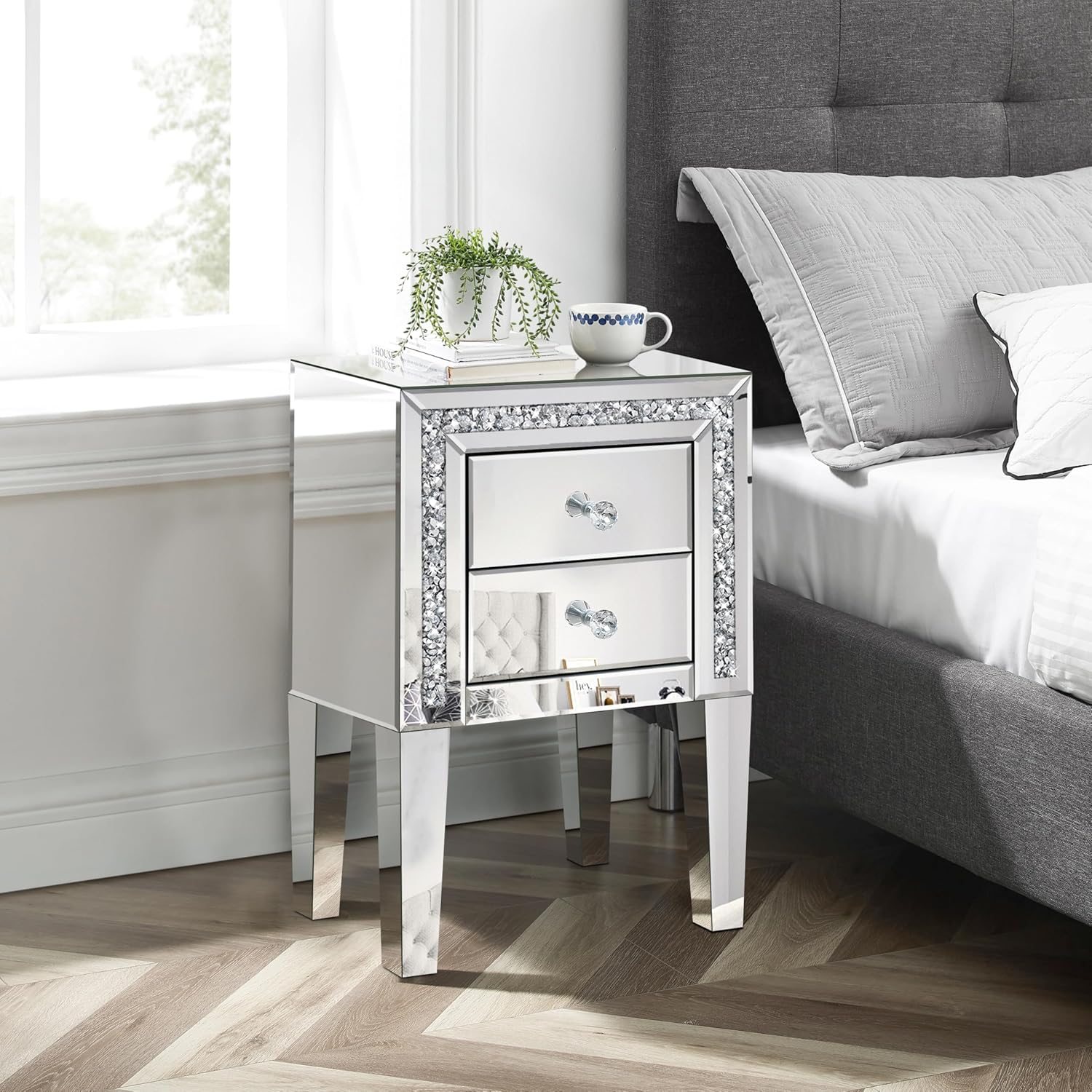 Crushed Diamond Mirrored Nightstand, Silver End Table with 2 Drawers Crystal Handle, Mirrored Bedside Table for Bedroom Living Room, No Assembly Needed