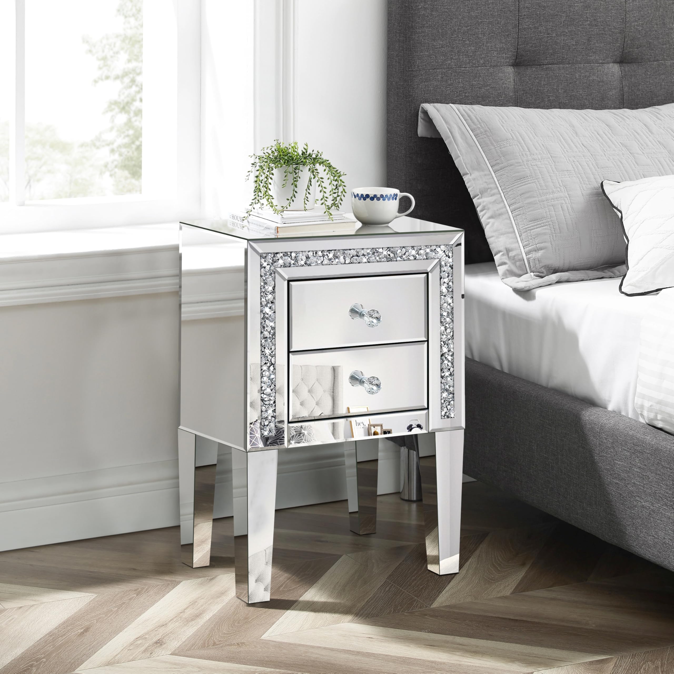 Crushed Diamond Mirrored Nightstand, Silver End Table with 2 Drawers Crystal Handle, Mirrored Bedside Table for Bedroom Living Room, No Assembly Needed