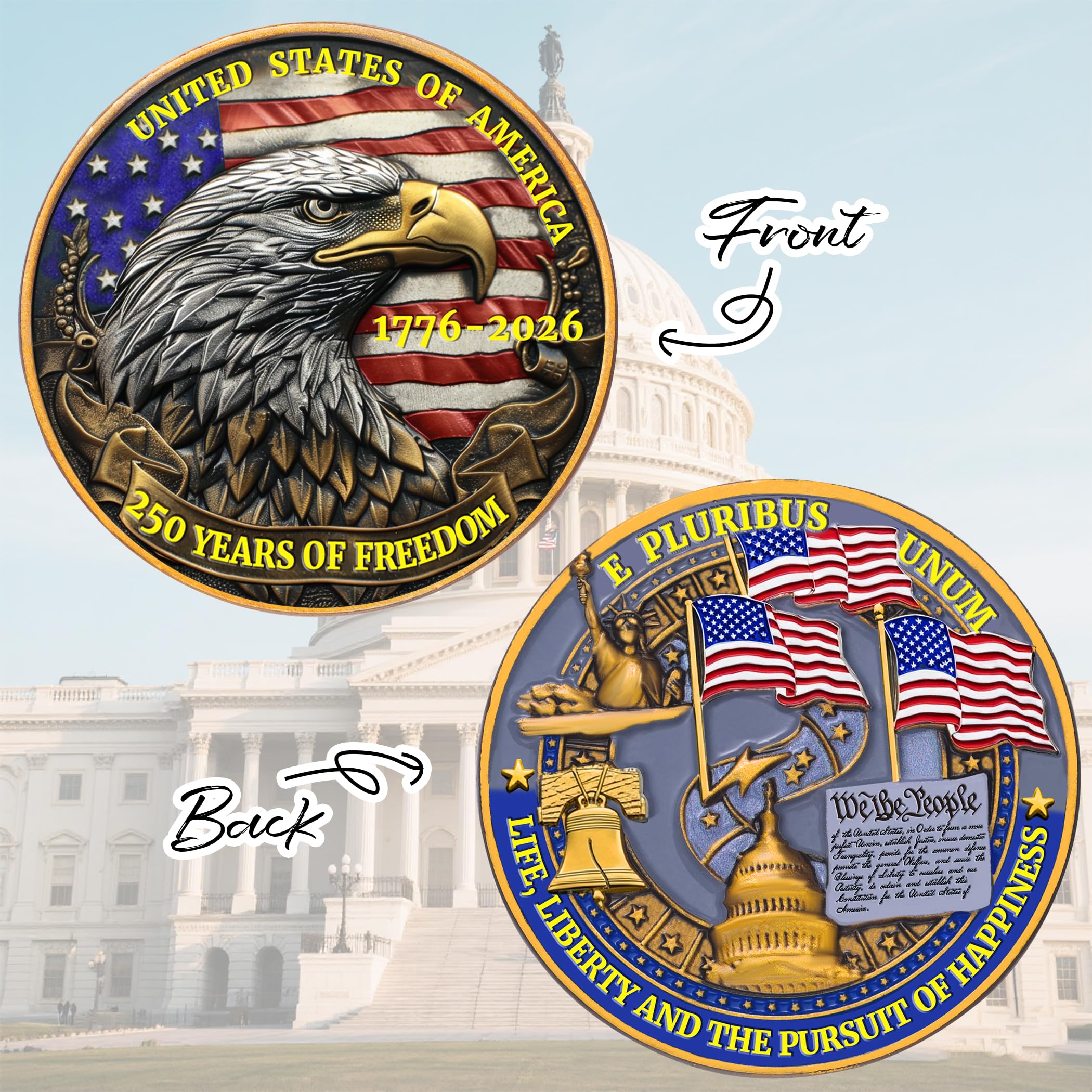 USA 250th Anniversary Commemorative Coin - American Eagle & Patriotic Symbols Collectible - America 250 Merchandise for Celebration & Gifting (1776-2026) (250 Eagle)