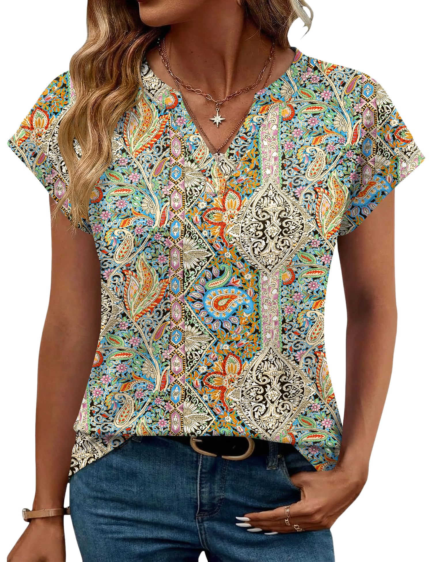 Rapbin Bluse Damen Tops Sommer Kurzarm Bluse Damen Casual Elegant Oberteile Basic V-Ausschnitt Tank Top Outfit