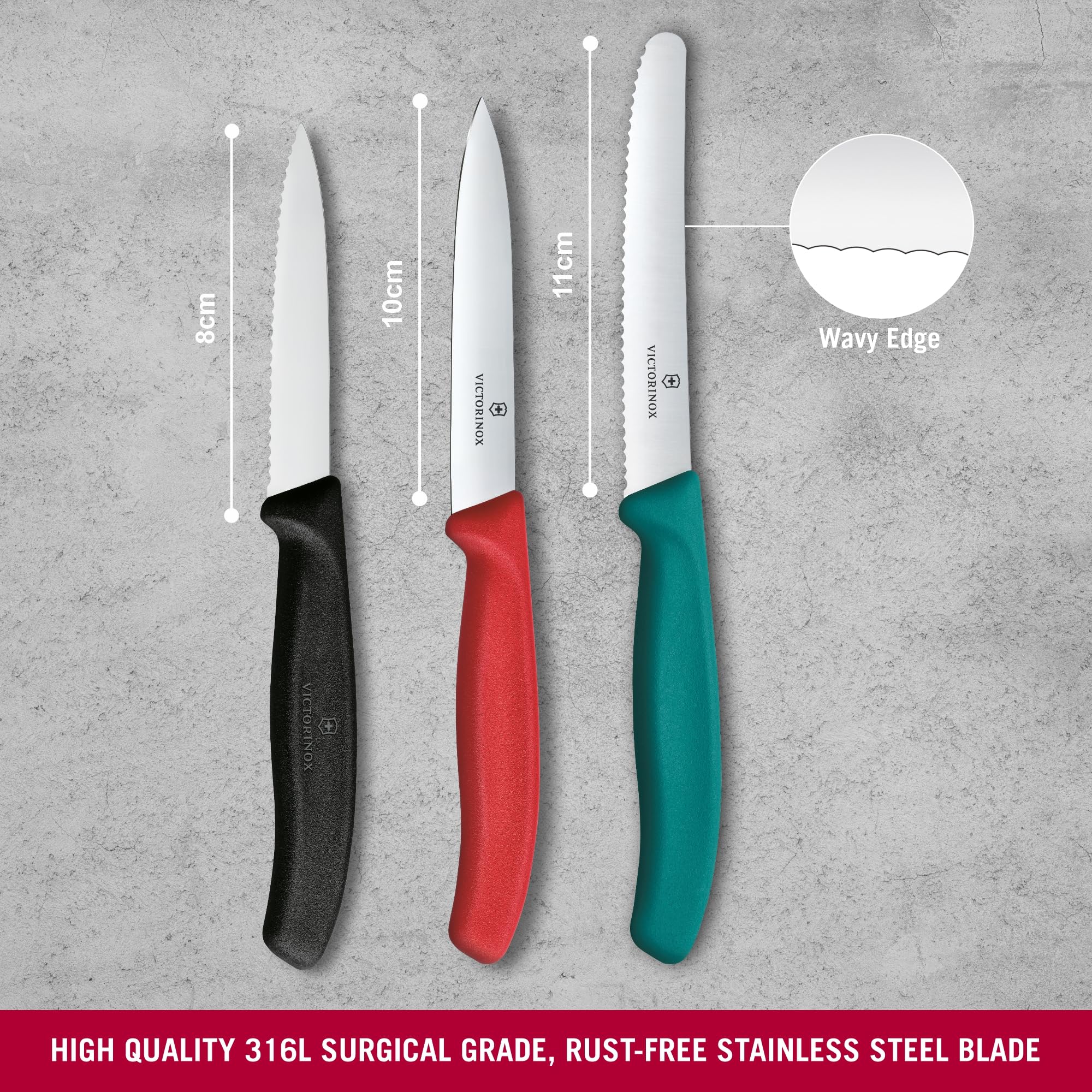 Victorinox Swiss Classic Gemüsemesser, Tomatenmesser und Frühstücksmesser Set, 3-teilig, Extra Scharf, Farbig