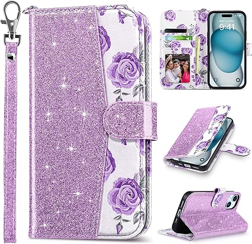 ULAK Funda de piel sintética de alta calidad compatible con iPhone 15 con tarjetero y función atril para iPhone 15 2023 de 6.1 pulgadas, color morado