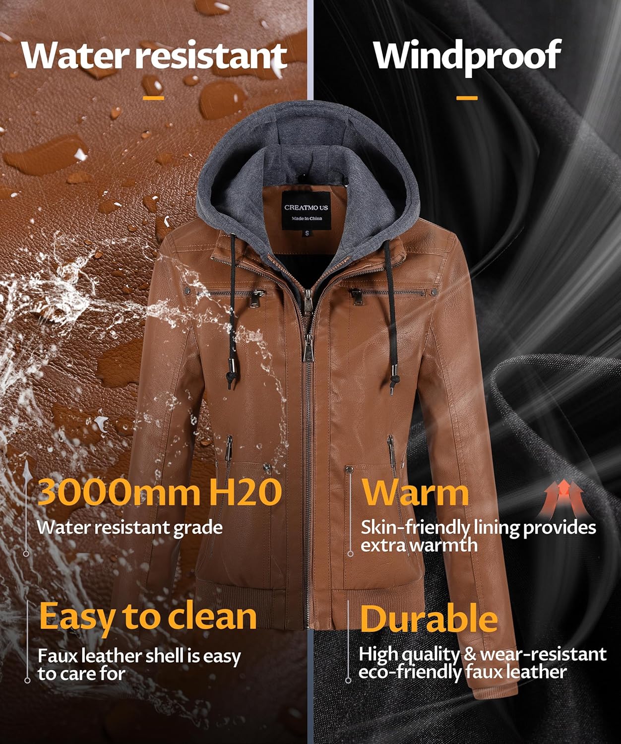 CREATMO US Women's Faux Leather Jacket Waterproof Motorcycle Bomber Jacket Vintage PU Moto Biker Coat With Removable Hood - Image 5