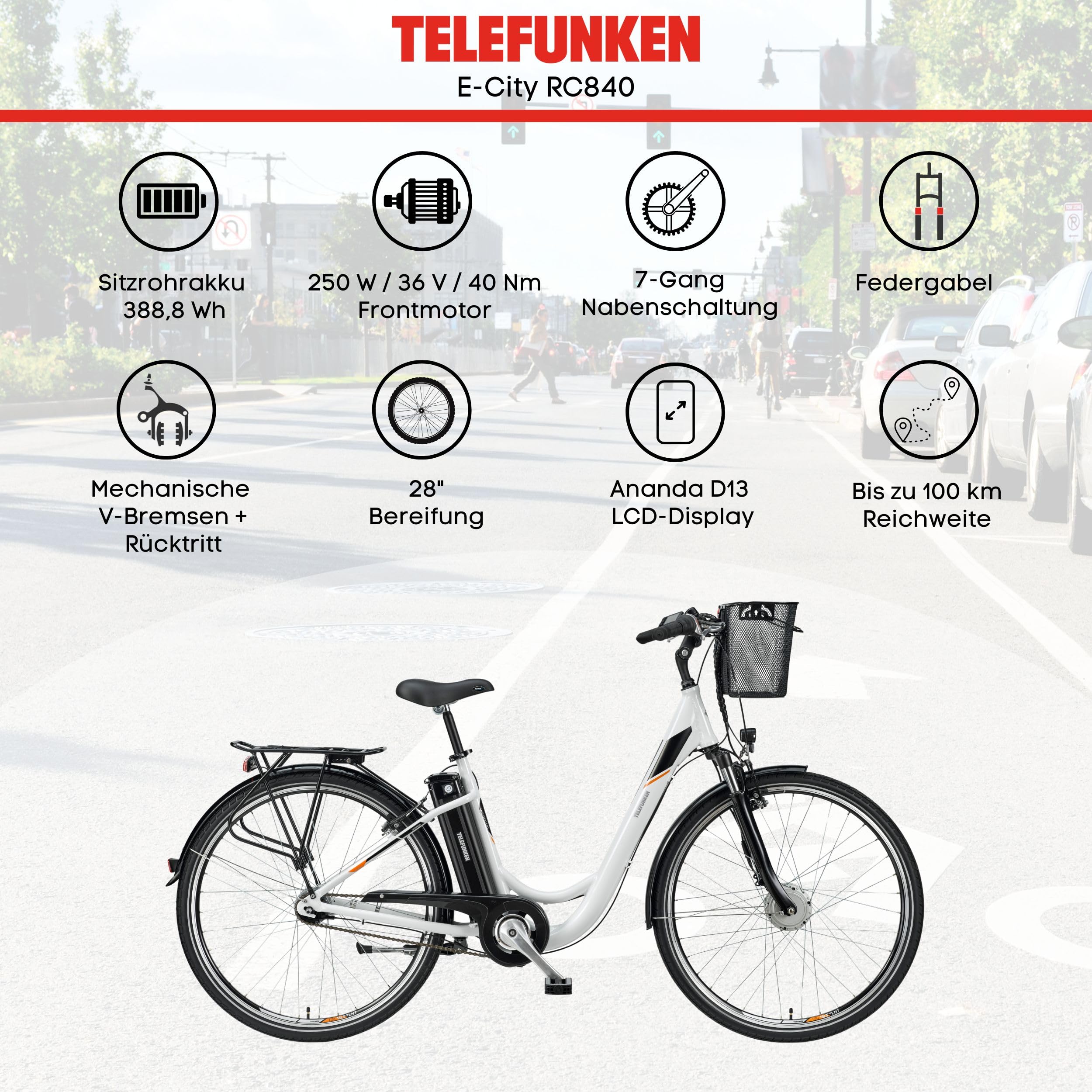 TELEFUNKEN E-Bike für Damen & Herren 28 Zoll | Elektrofahrrad E-Citybike | Frontmotor 250 W | City Pedelec | 36 V / 374,4 Wh Li-Ion Akku | 7-Gang Nabenschaltung + Rücktritt | Straßenzulassung | RC840