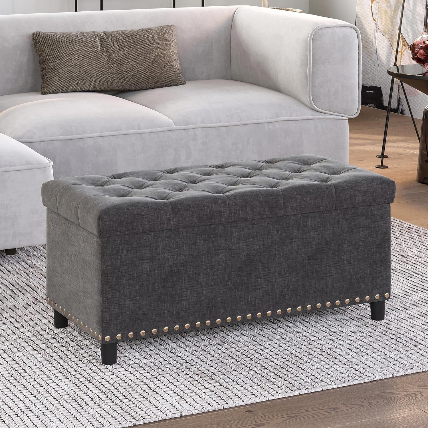 BELLEZE 31" Tufted Ottoman, Storage Bench with Safety Close Hinge, Ottoman with Storage for Living Room, Entryway, Hallway, Foot Rest, Support 300lbs - Dark Grey